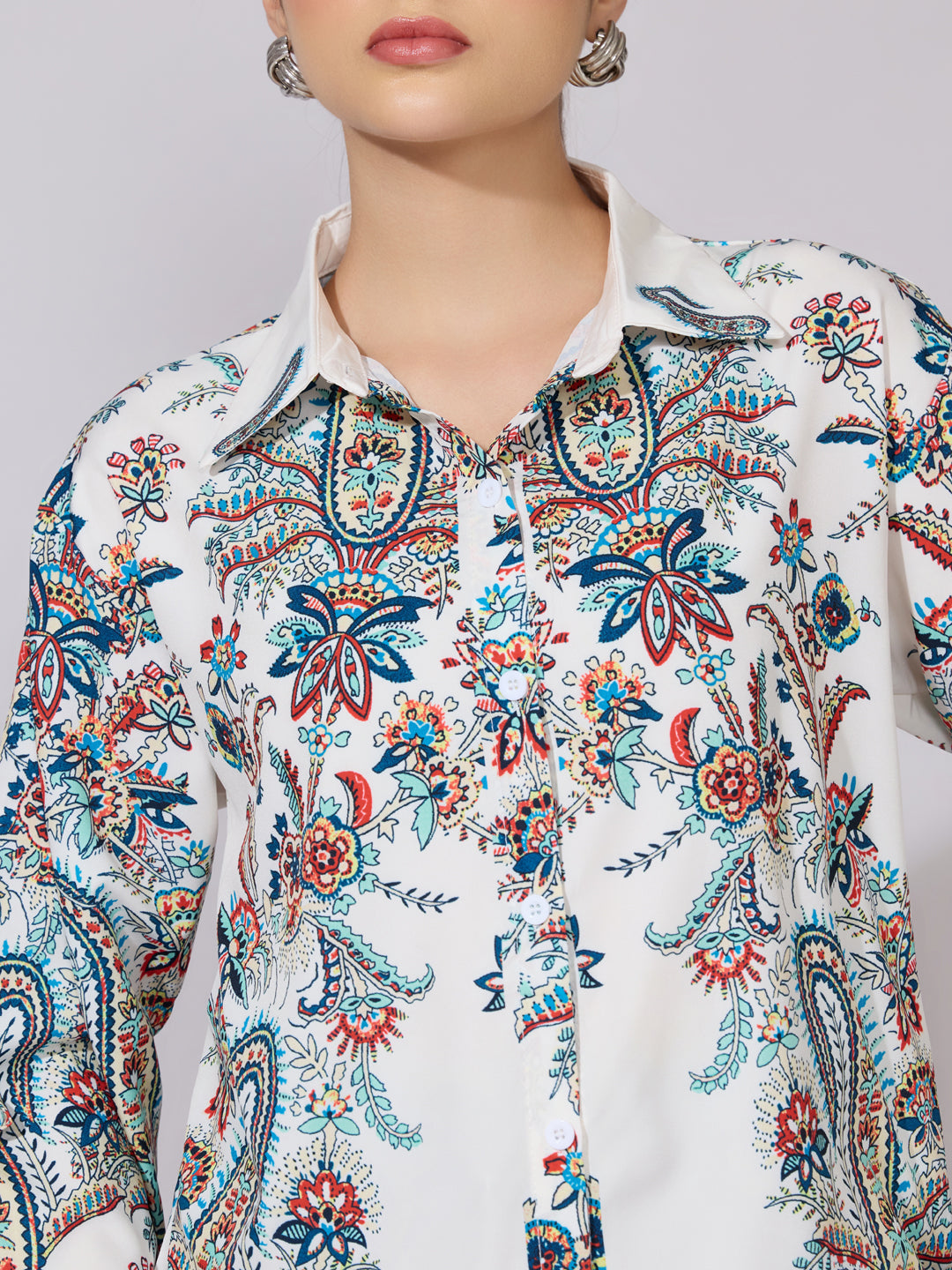 Women's Printed White Relaxed Fit Shirt