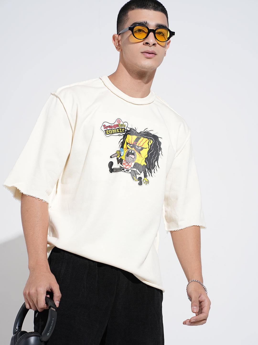 Men's Graphic Print Cream Round Neck Oversized T-Shirt