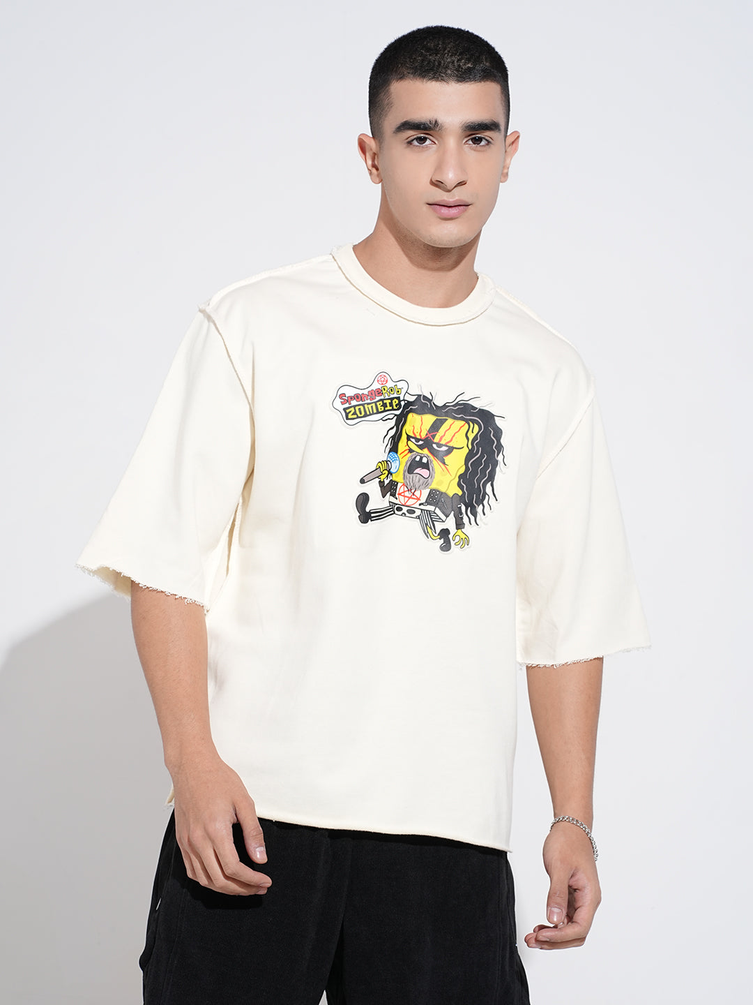 Men's Graphic Print Cream Round Neck Oversized T-Shirt