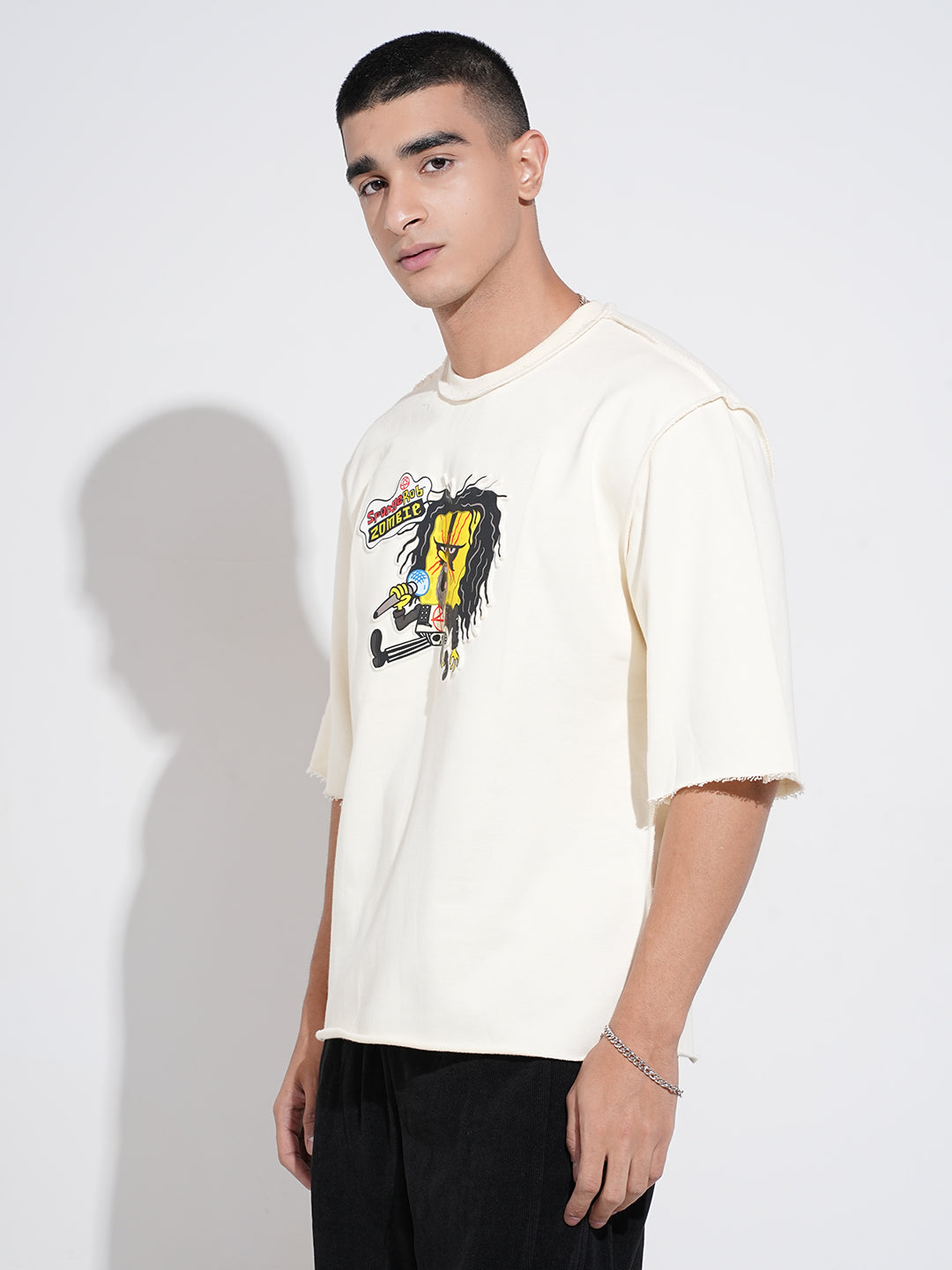 Men's Graphic Print Cream Round Neck Oversized T-Shirt
