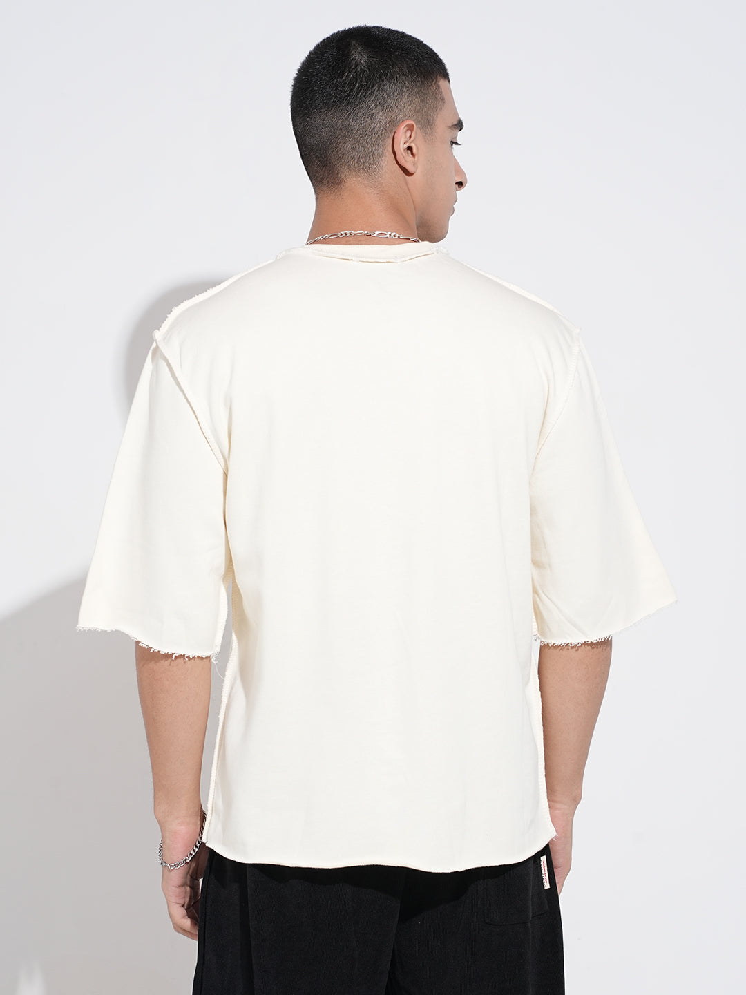 Men's Graphic Print Cream Round Neck Oversized T-Shirt