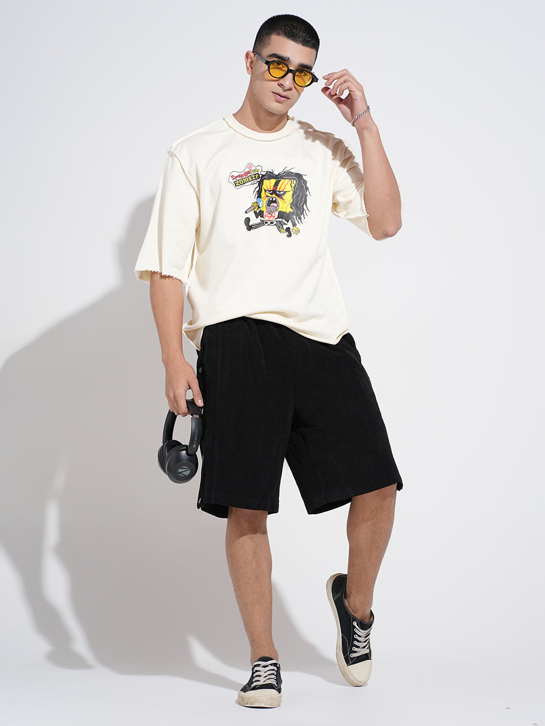 Men's Graphic Print Cream Round Neck Oversized T-Shirt