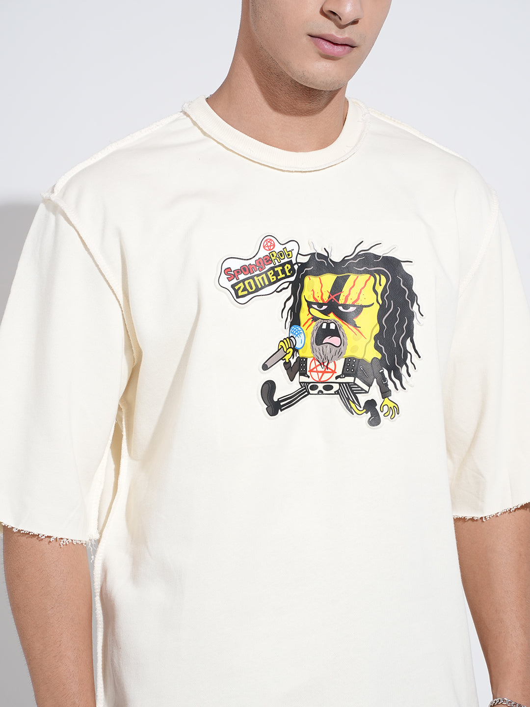 Men's Graphic Print Cream Round Neck Oversized T-Shirt