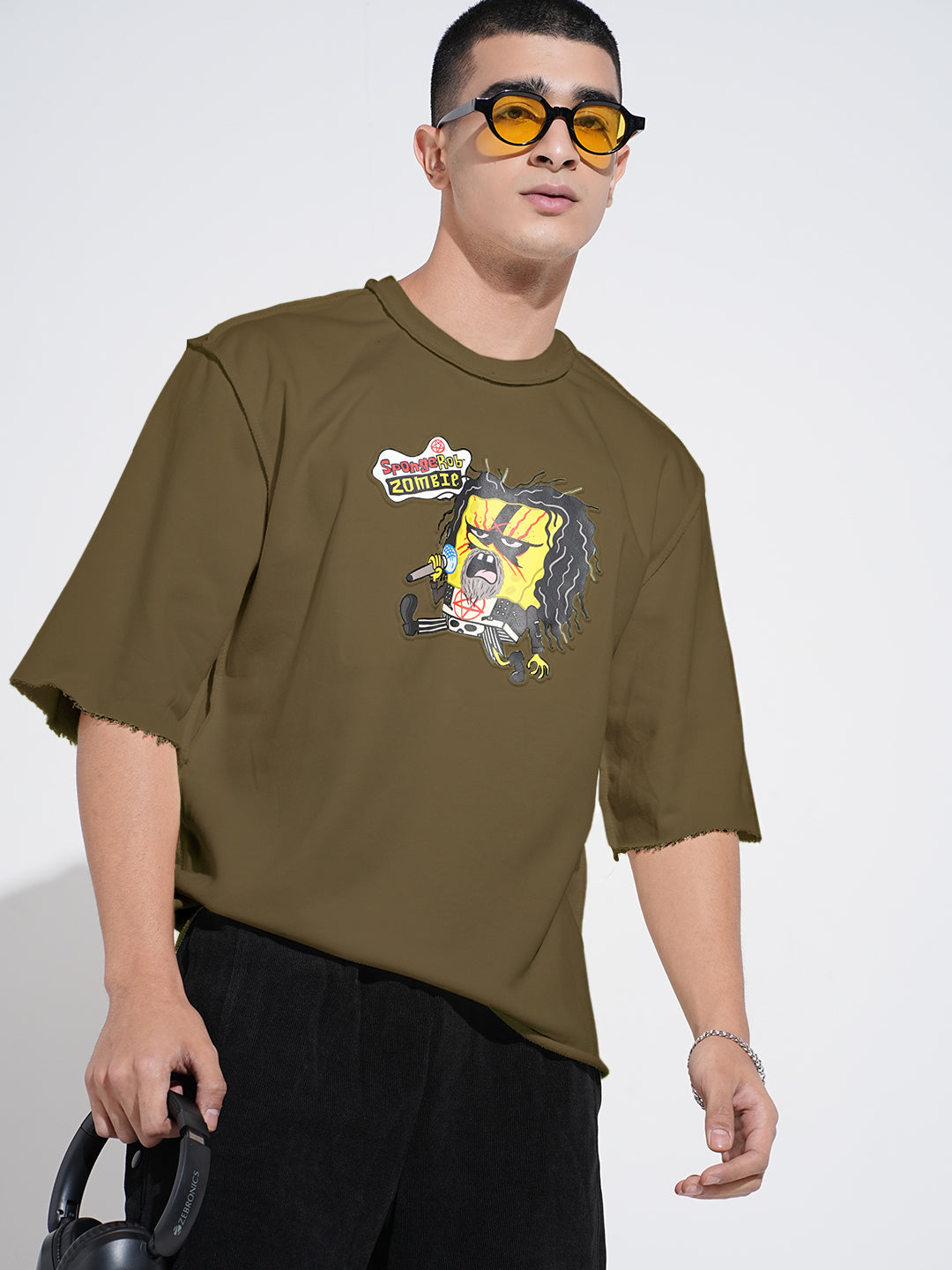 Men's Graphic Olive Round Neck Oversized T-Shirt