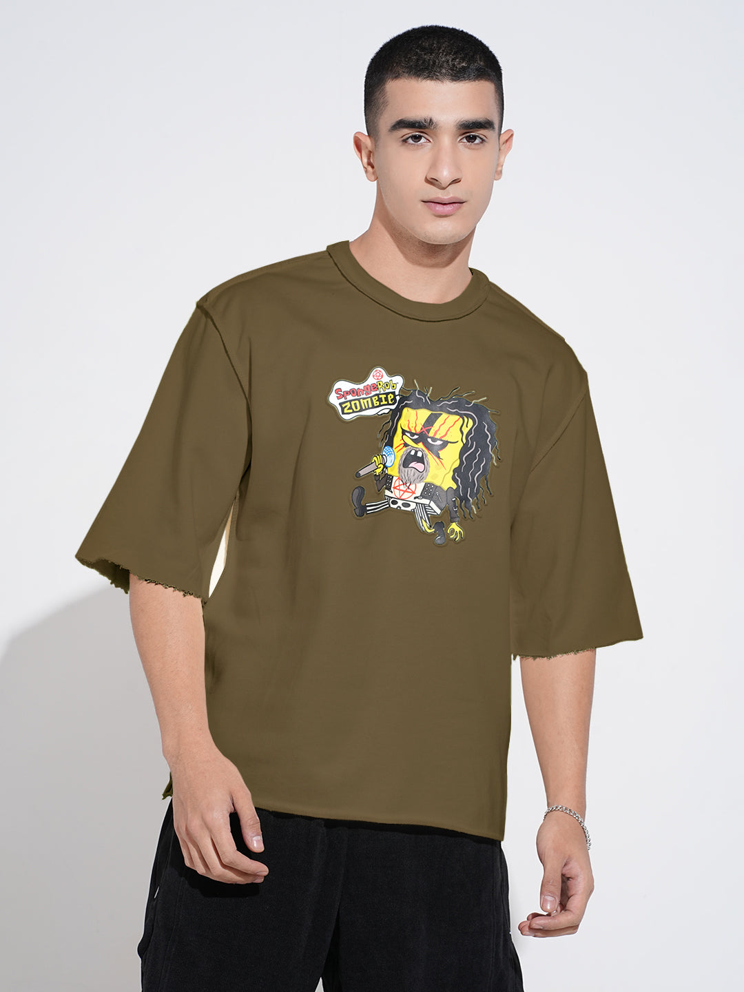 Men's Graphic Olive Round Neck Oversized T-Shirt