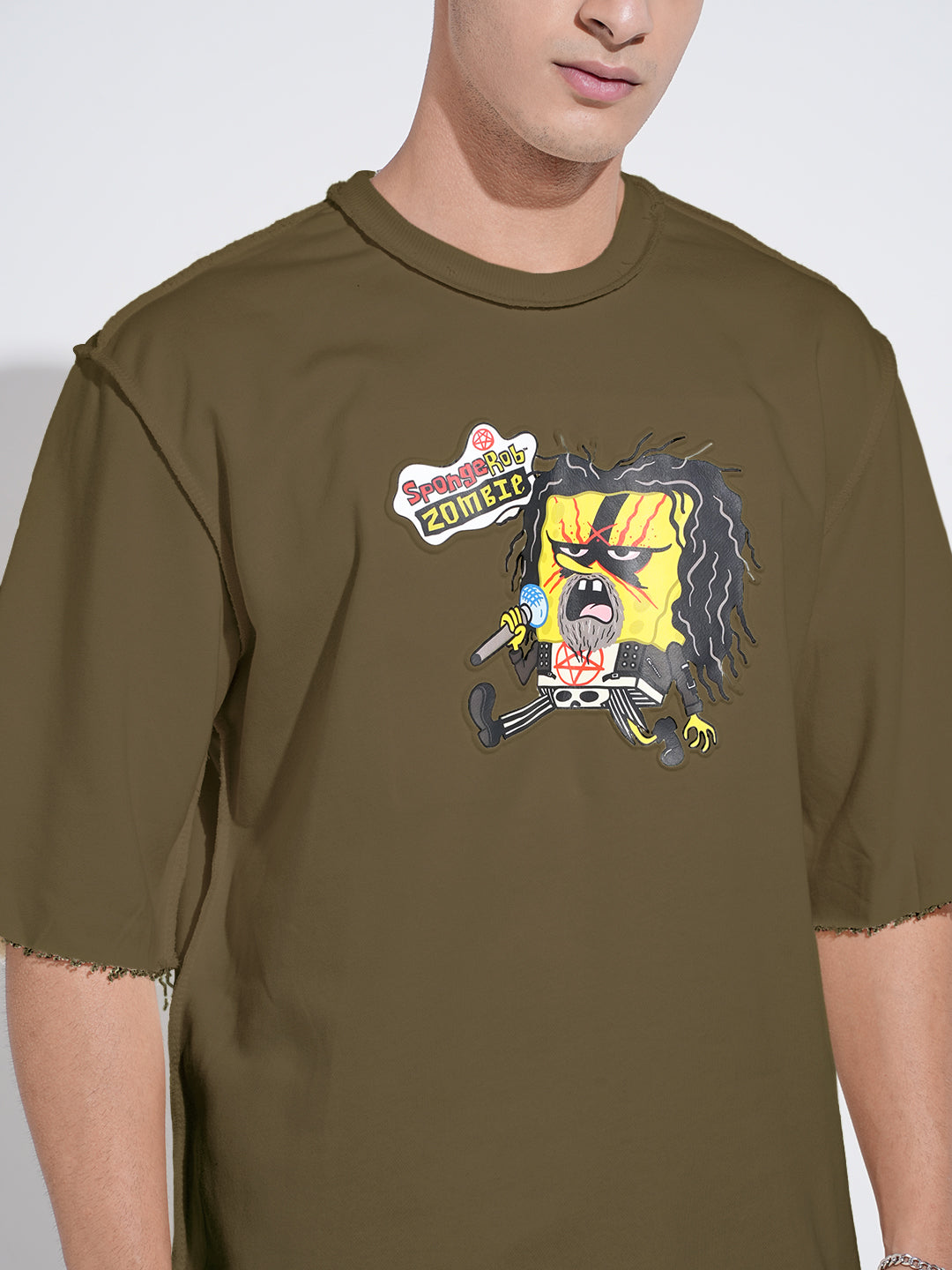 Men's Graphic Olive Round Neck Oversized T-Shirt