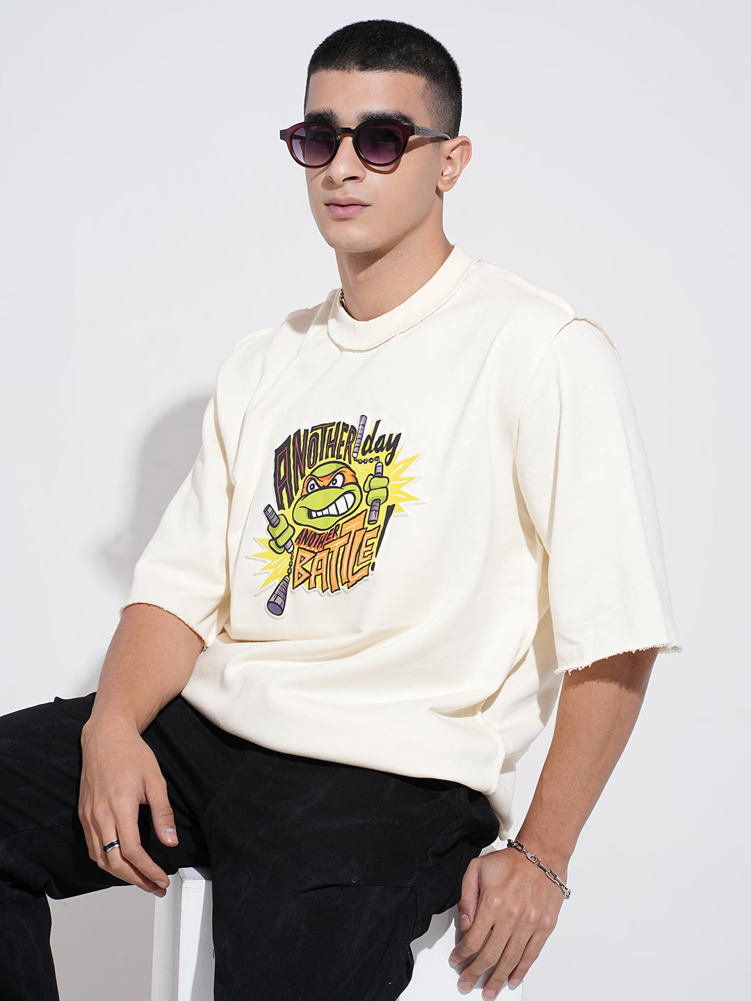 Men's Graphic Print Cream Round Neck Oversized T-Shirt