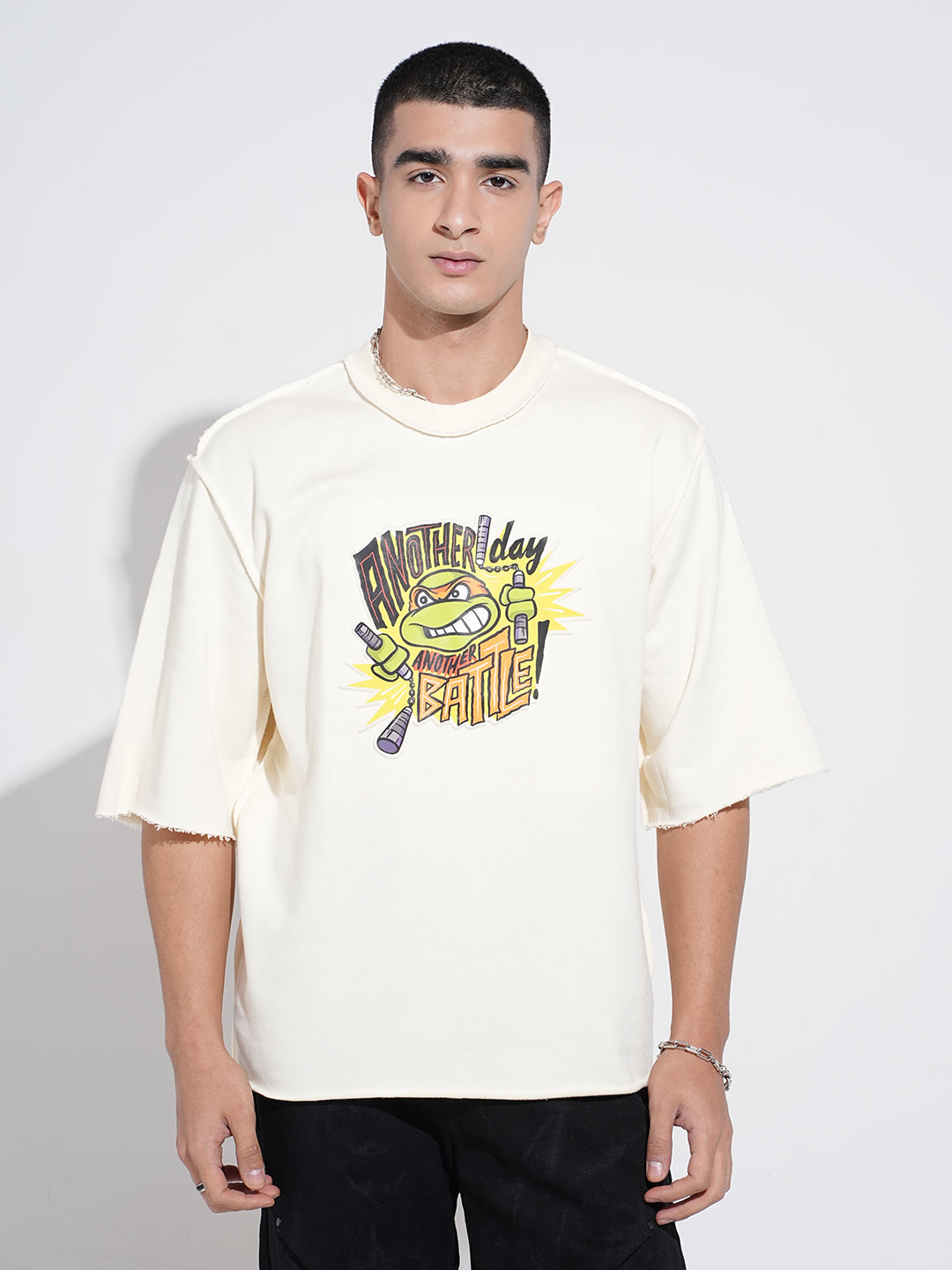 Men's Graphic Print Cream Round Neck Oversized T-Shirt