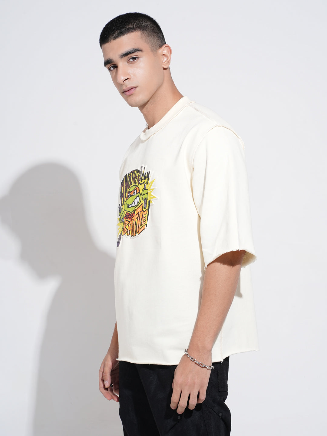 Men's Graphic Print Cream Round Neck Oversized T-Shirt