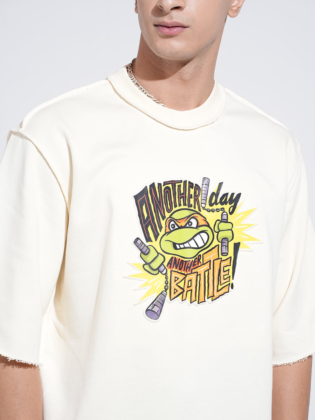 Men's Graphic Print Cream Round Neck Oversized T-Shirt