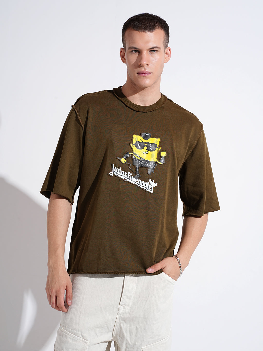 Men's Graphic Olive Round Neck Oversized T-Shirt