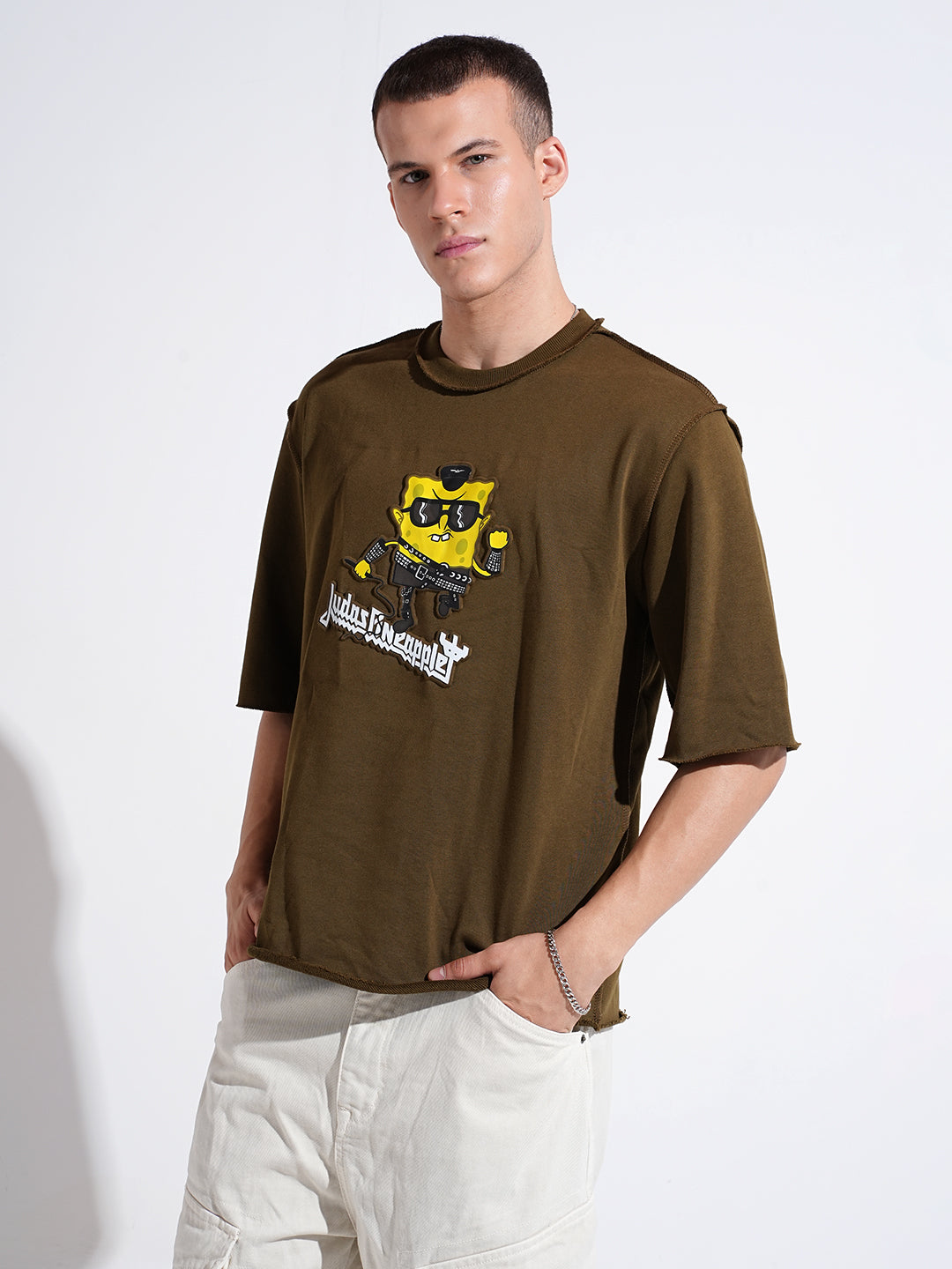 Men's Graphic Olive Round Neck Oversized T-Shirt