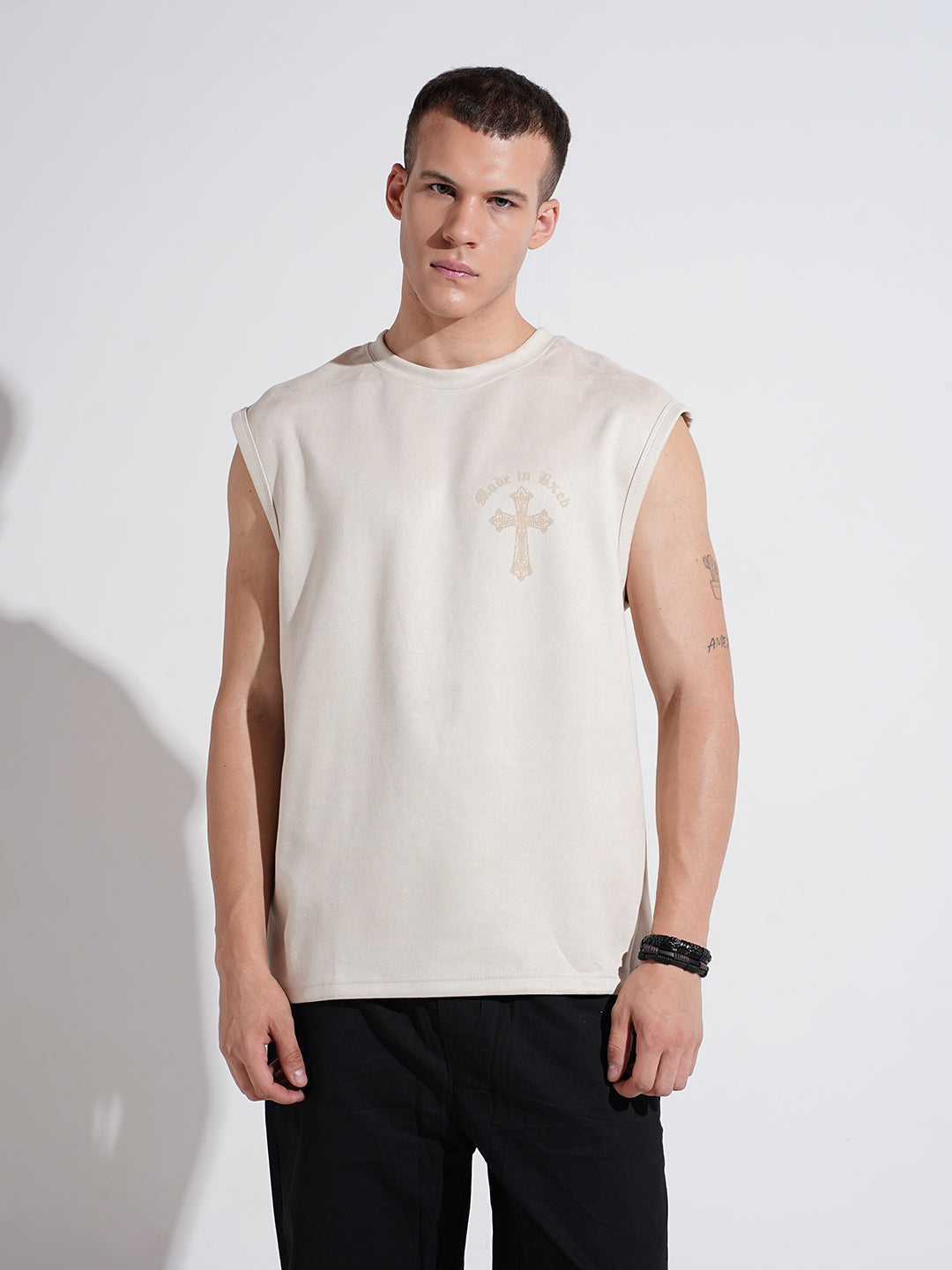 Men's Graphic Cream Regular Fit Sleeveless T-Shirt
