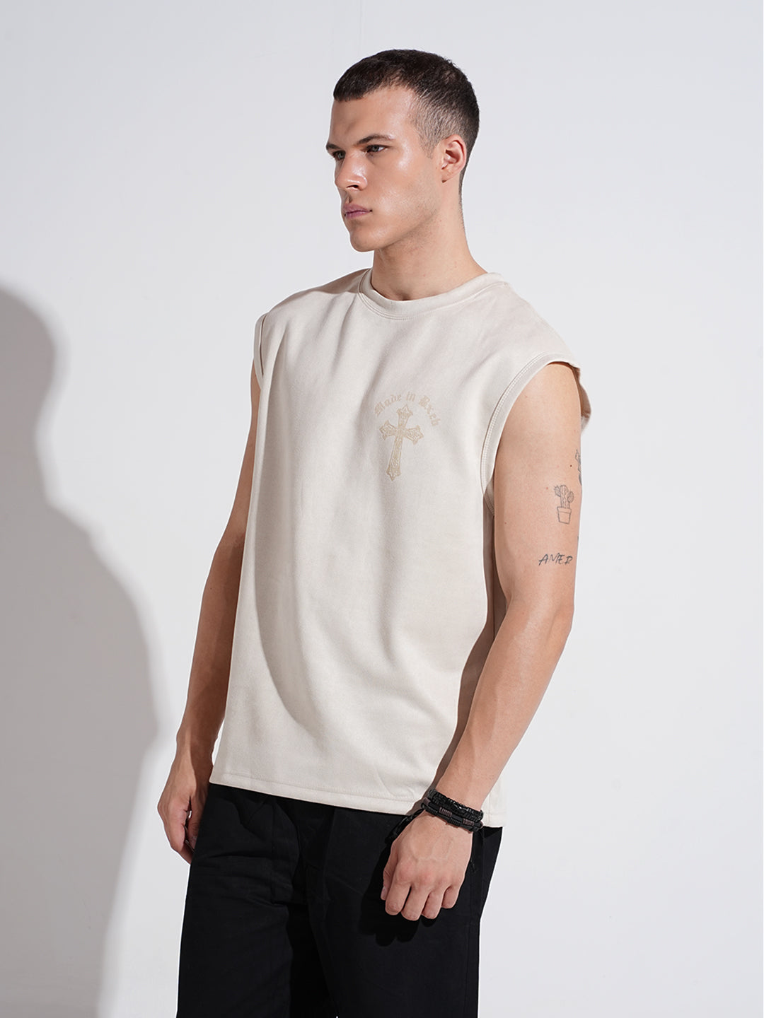 Men's Graphic Cream Regular Fit Sleeveless T-Shirt