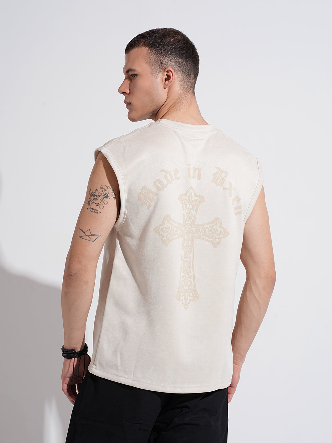 Men's Graphic Cream Regular Fit Sleeveless T-Shirt