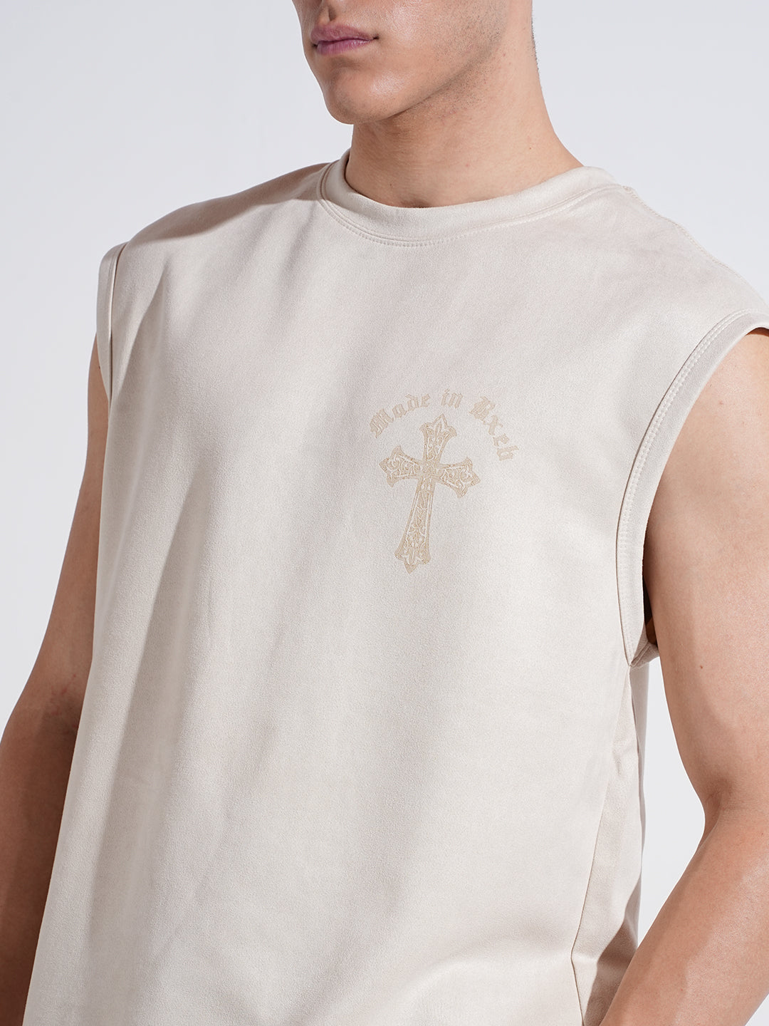 Men's Graphic Cream Regular Fit Sleeveless T-Shirt