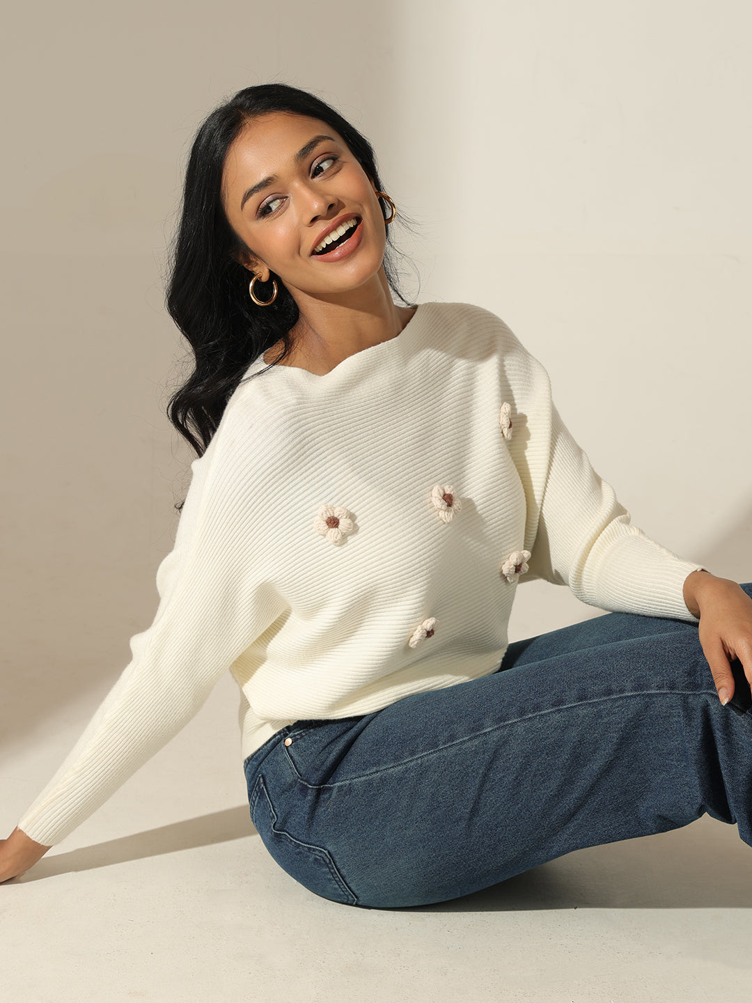 Women's Off White Textured Knit Top with Flower Applique Detail