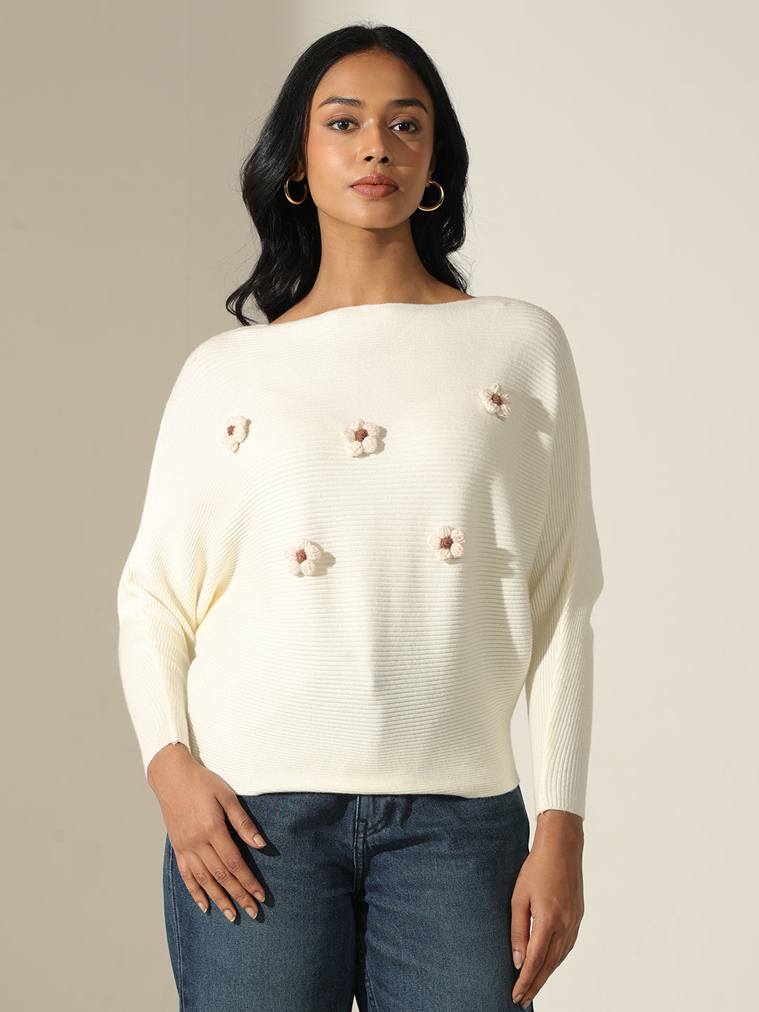 Women's Off White Textured Knit Top with Flower Applique Detail