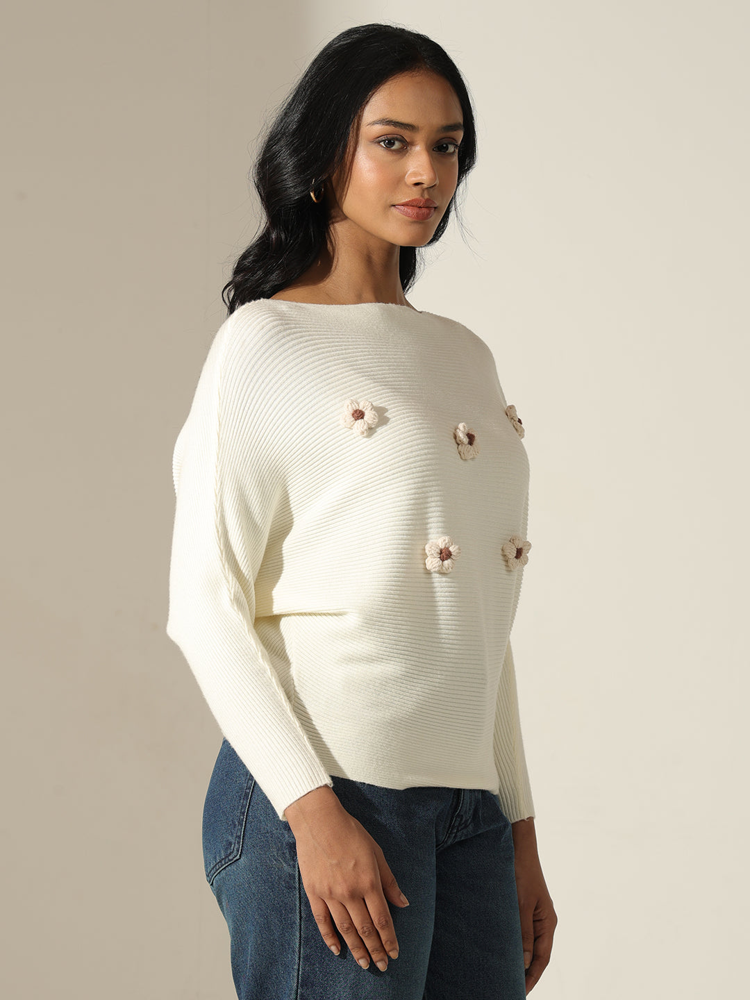 Women's Off White Textured Knit Top with Flower Applique Detail