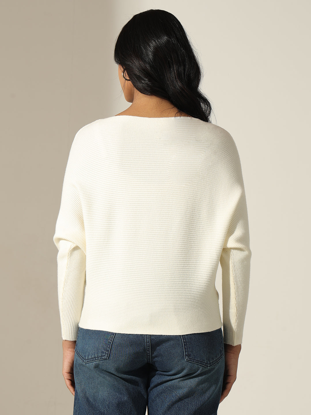 Women's Off White Textured Knit Top with Flower Applique Detail