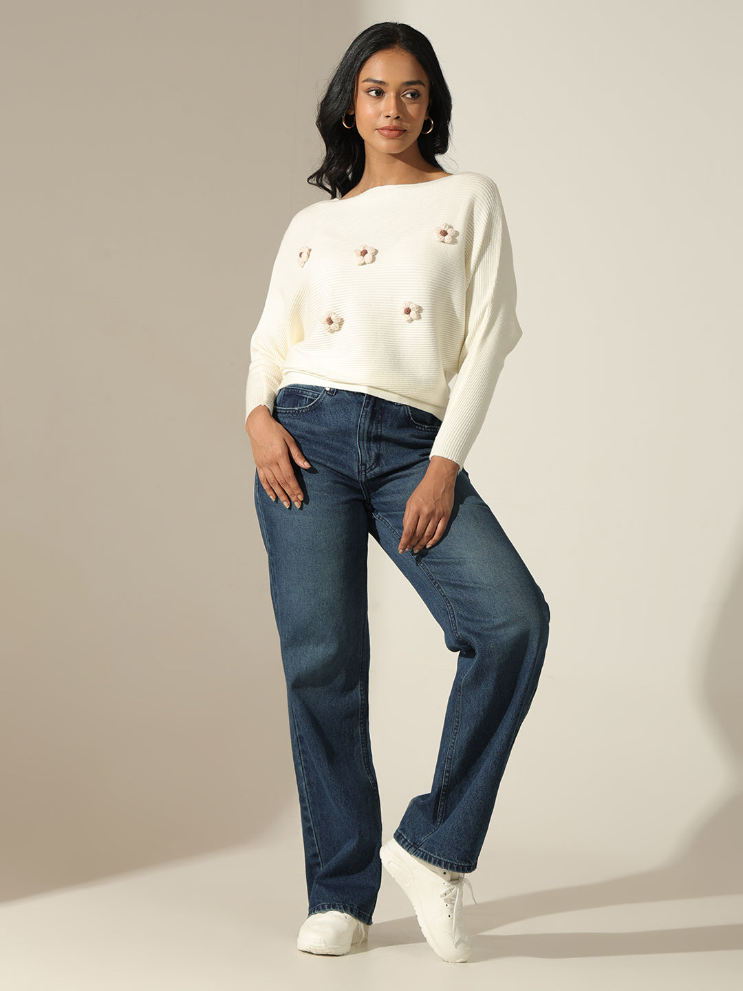 Women's Off White Textured Knit Top with Flower Applique Detail