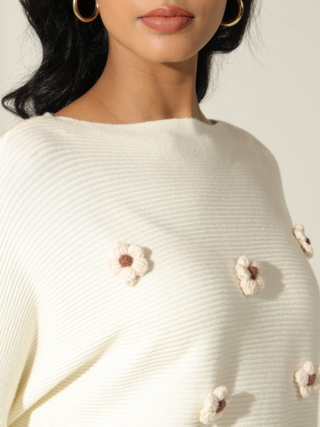 Women's Off White Textured Knit Top with Flower Applique Detail