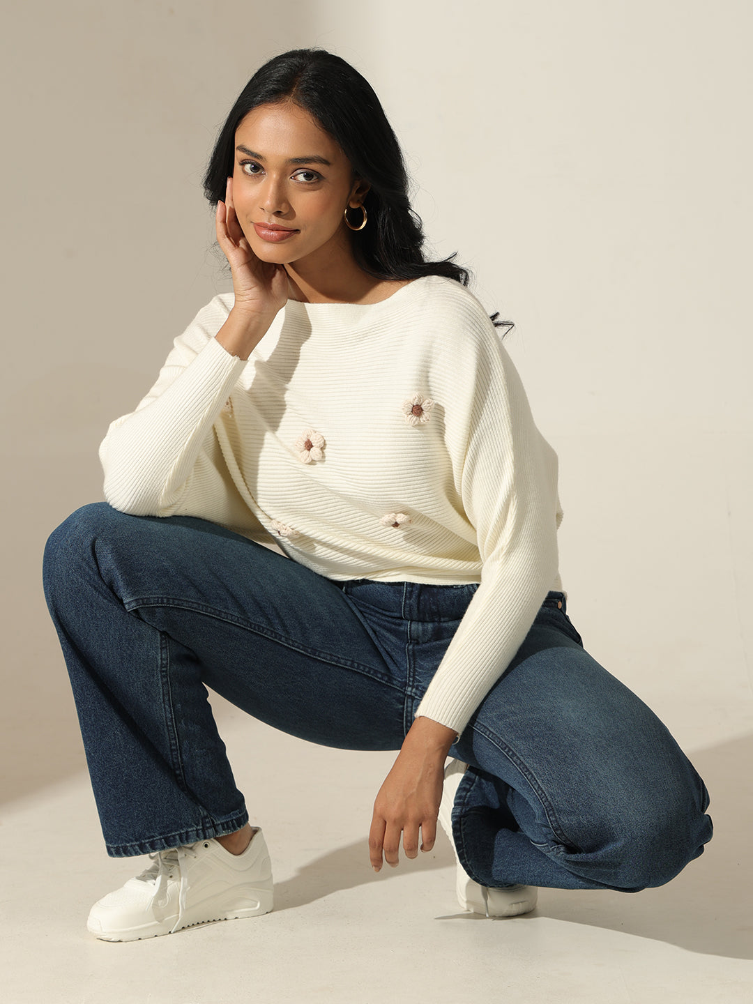 Women's Off White Textured Knit Top with Flower Applique Detail