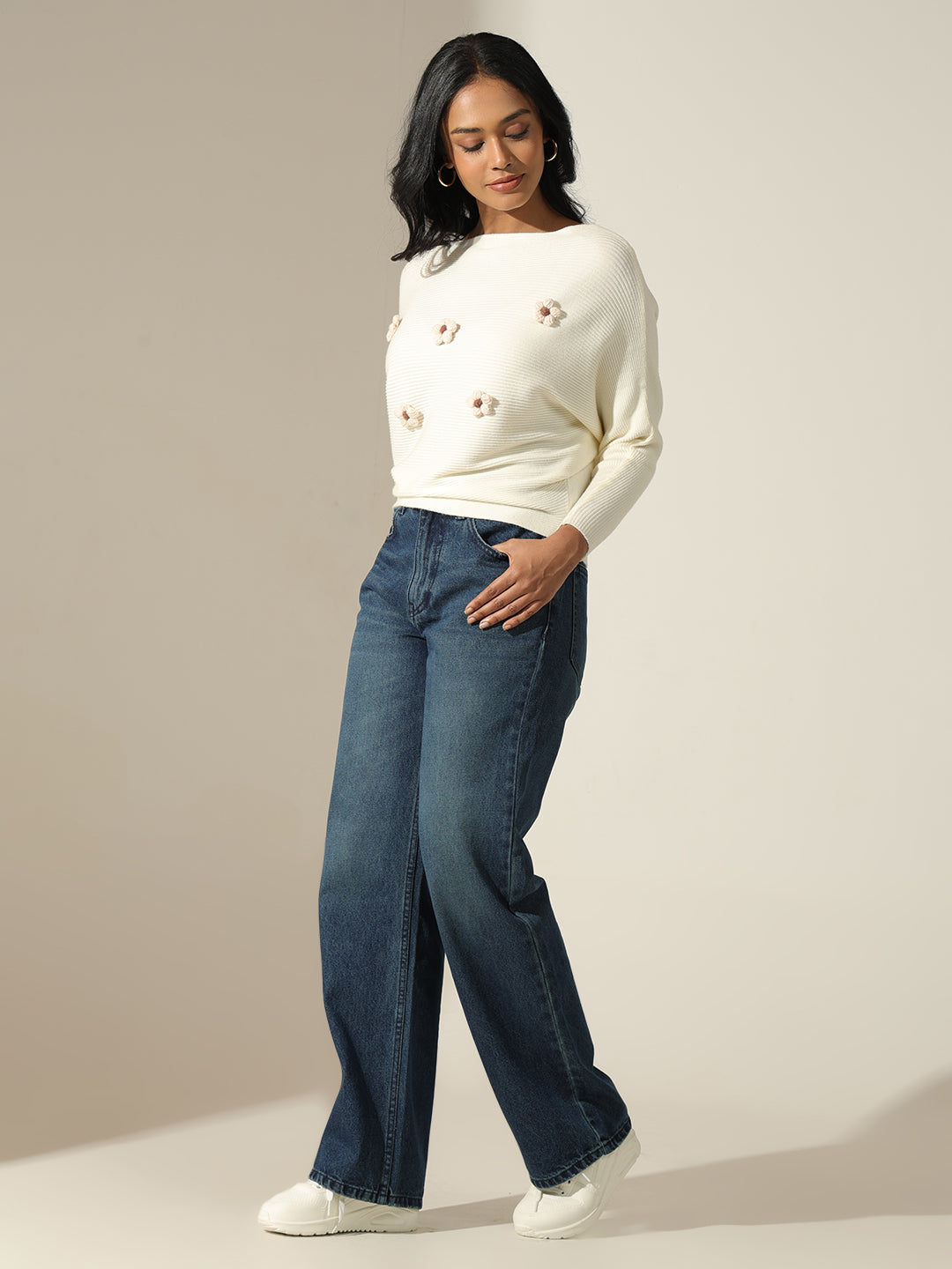 Women's Off White Textured Knit Top with Flower Applique Detail