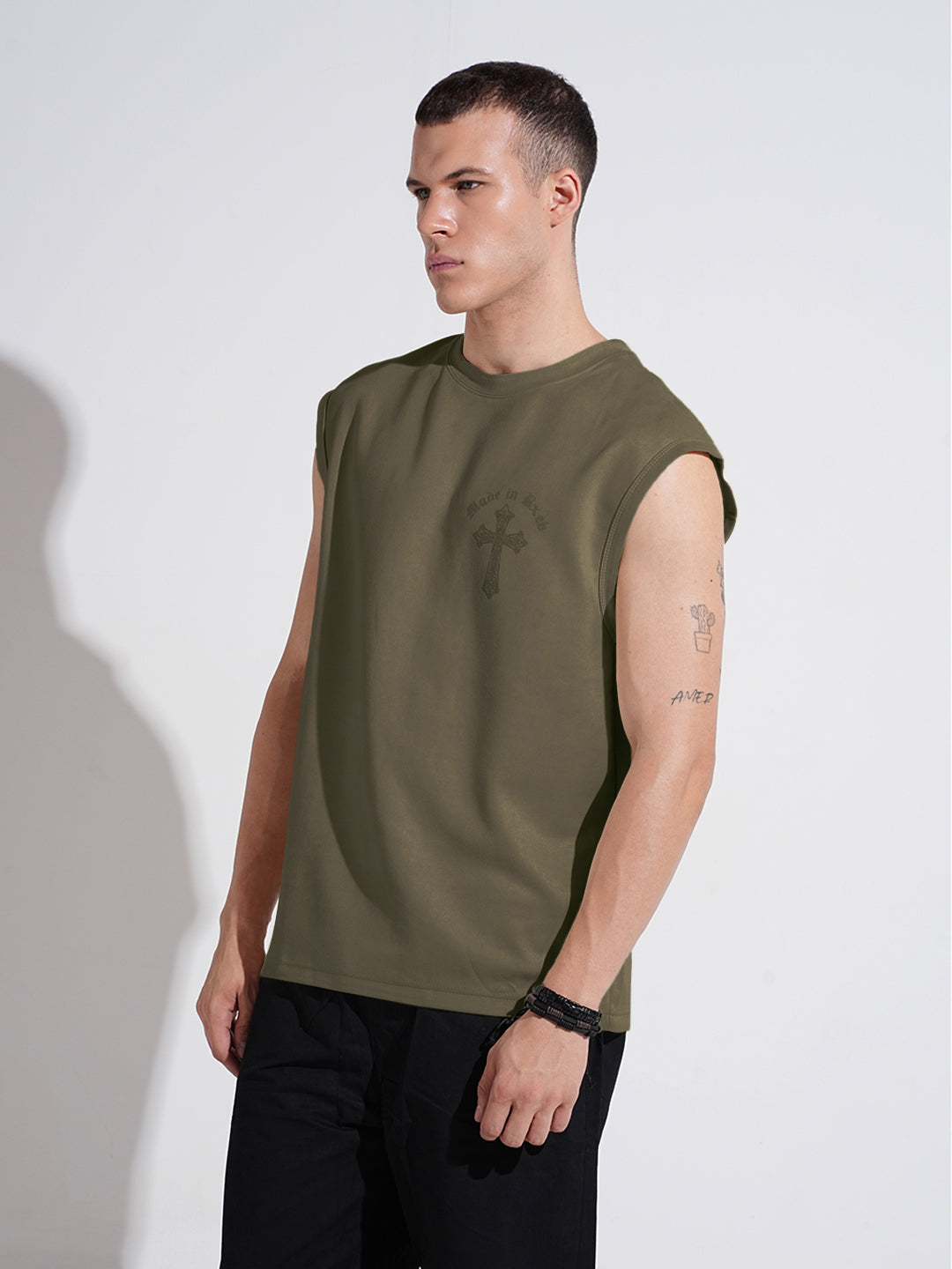 Men's Graphic Olive Regular Fit Sleeveless T-Shirt