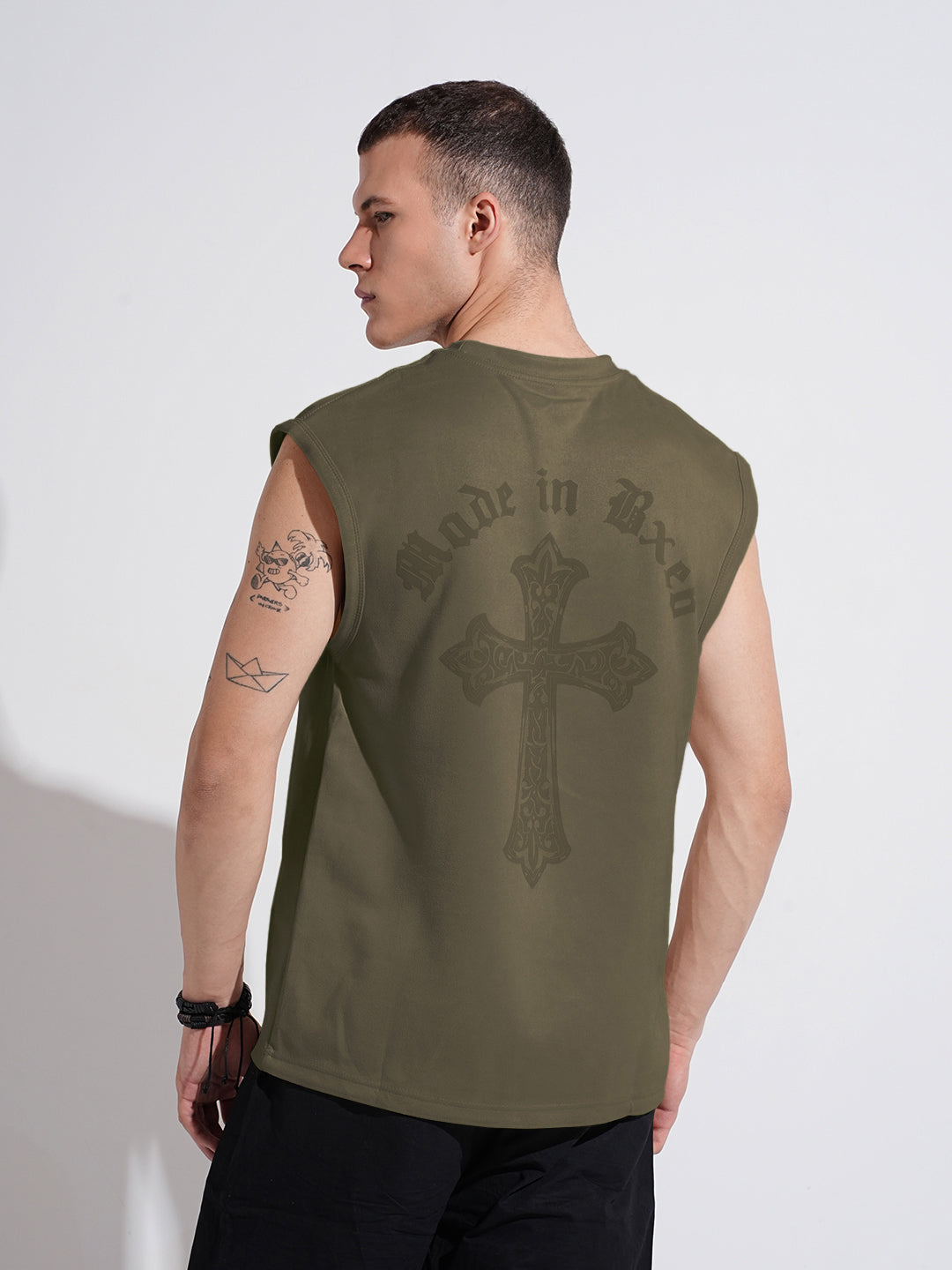 Men's Graphic Olive Regular Fit Sleeveless T-Shirt