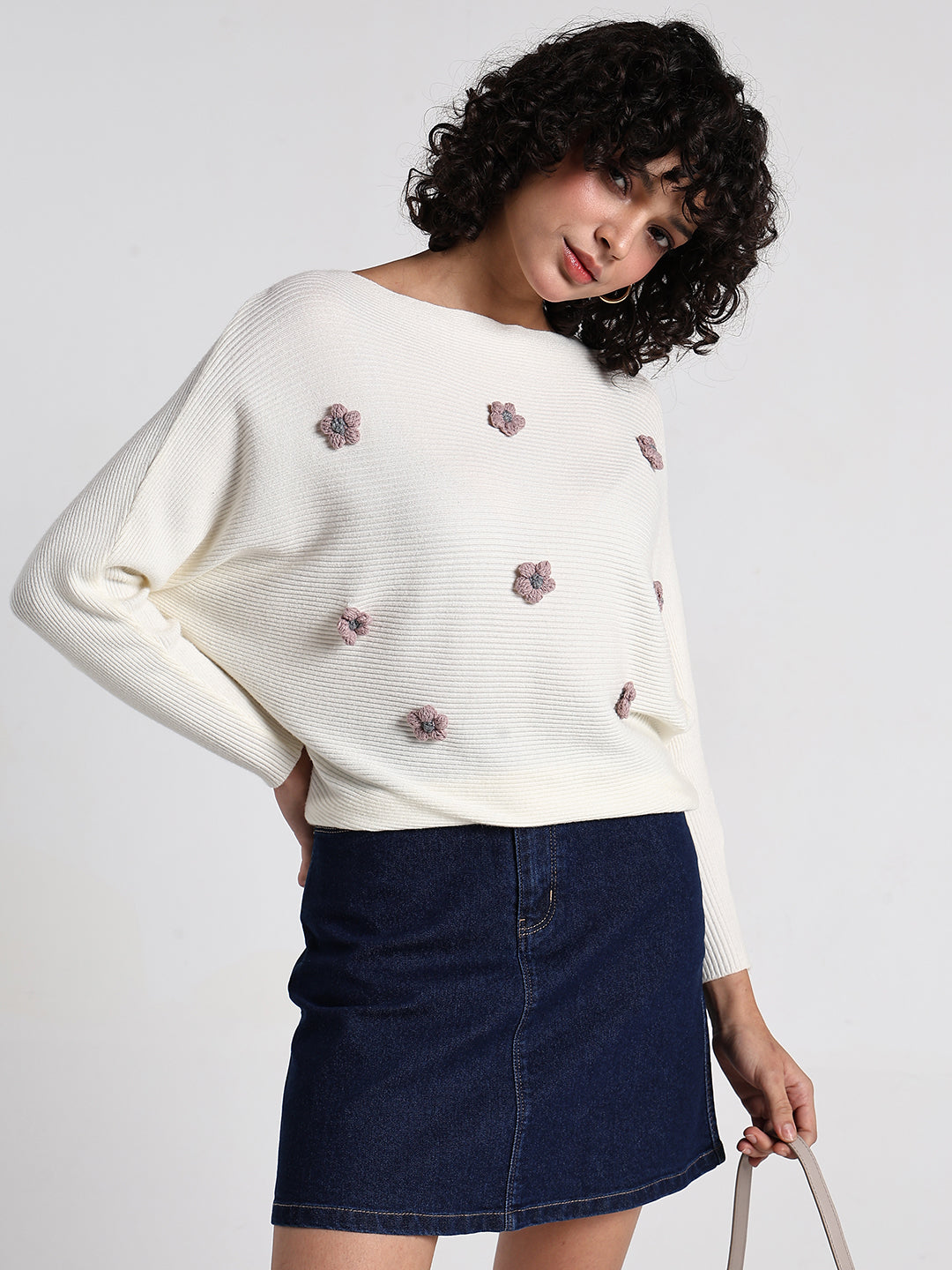 Women's Off White Textured Knit Top with Flower Applique Detail