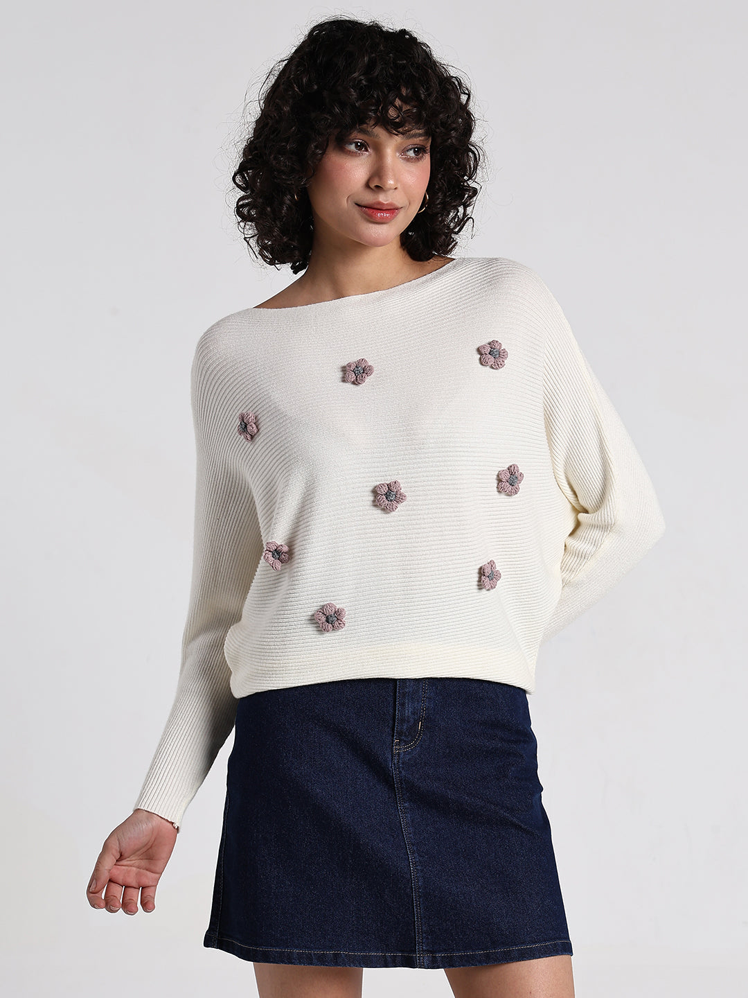 Women's Off White Textured Knit Top with Flower Applique Detail
