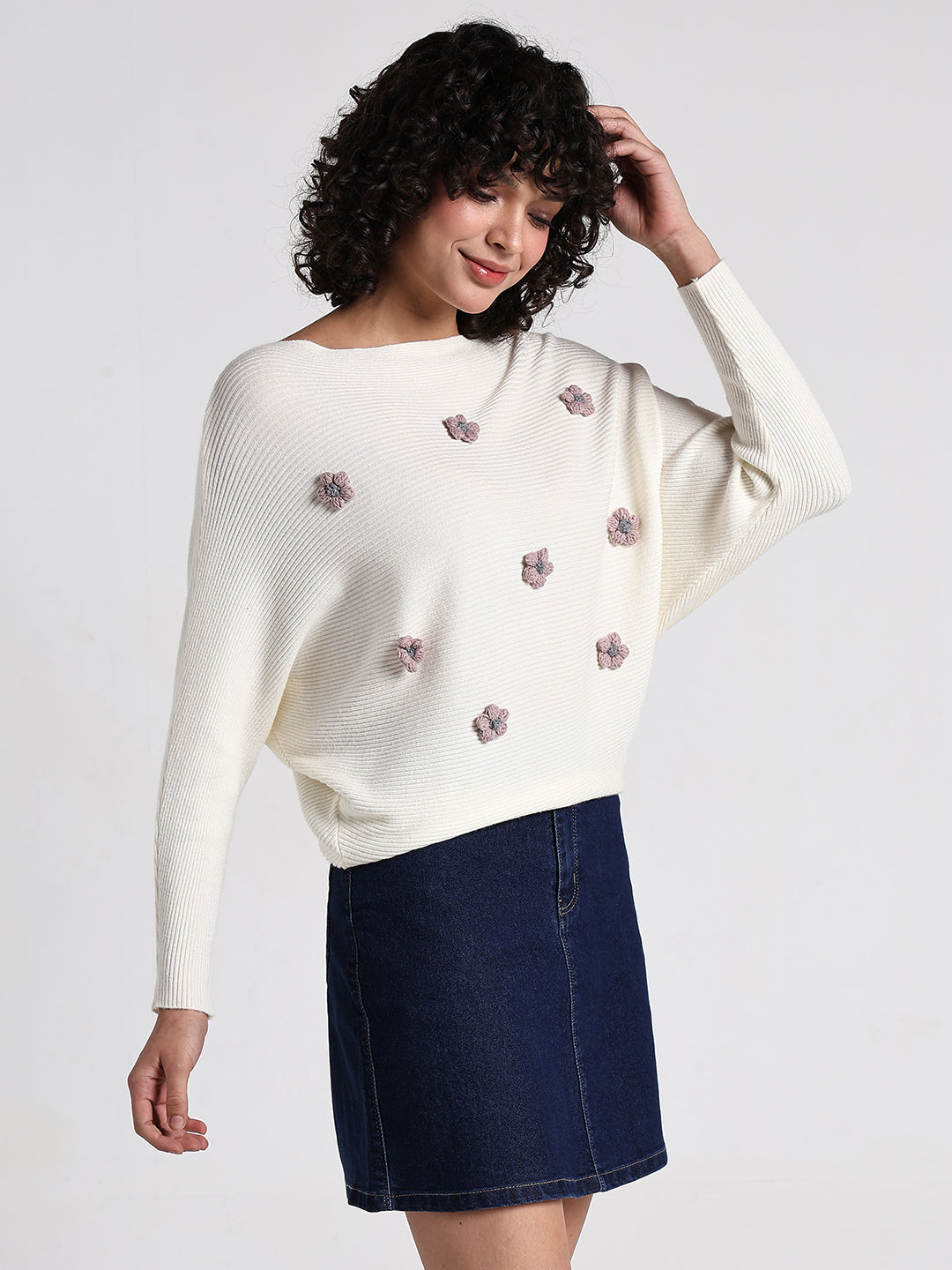 Women's Off White Textured Knit Top with Flower Applique Detail