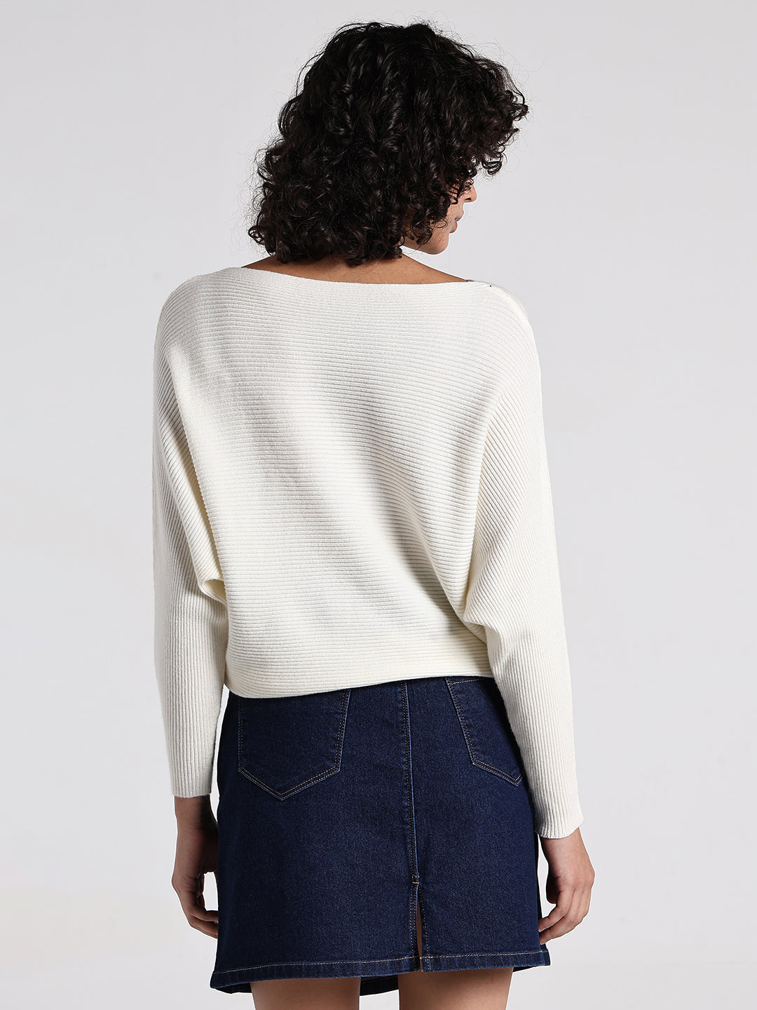 Women's Off White Textured Knit Top with Flower Applique Detail