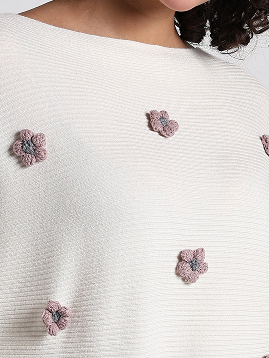 Women's Off White Textured Knit Top with Flower Applique Detail