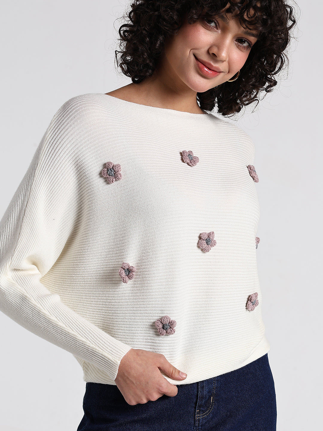 Women's Off White Textured Knit Top with Flower Applique Detail