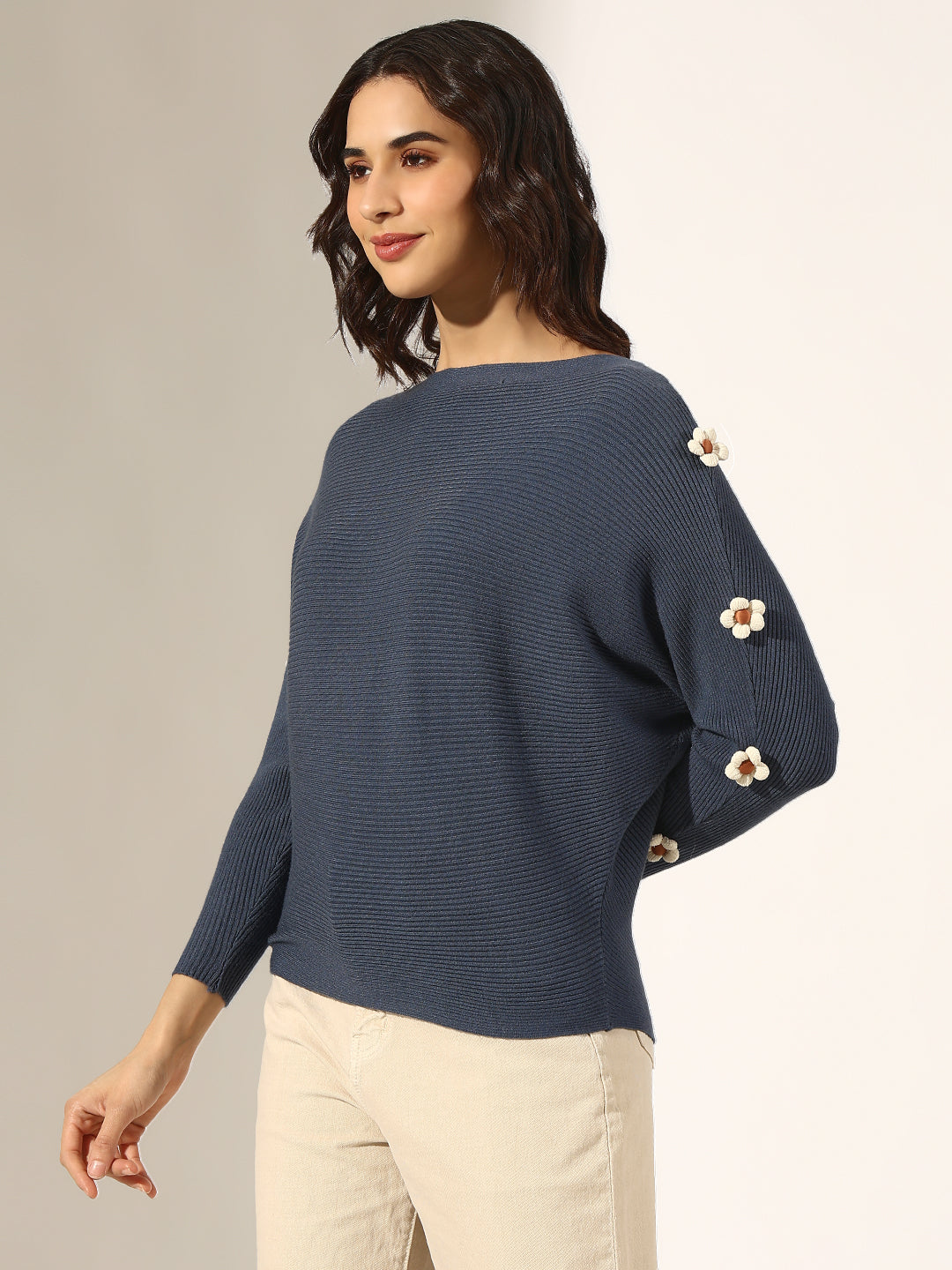 Women's Ribbed Blue Flower Applique Knit Batwing Top