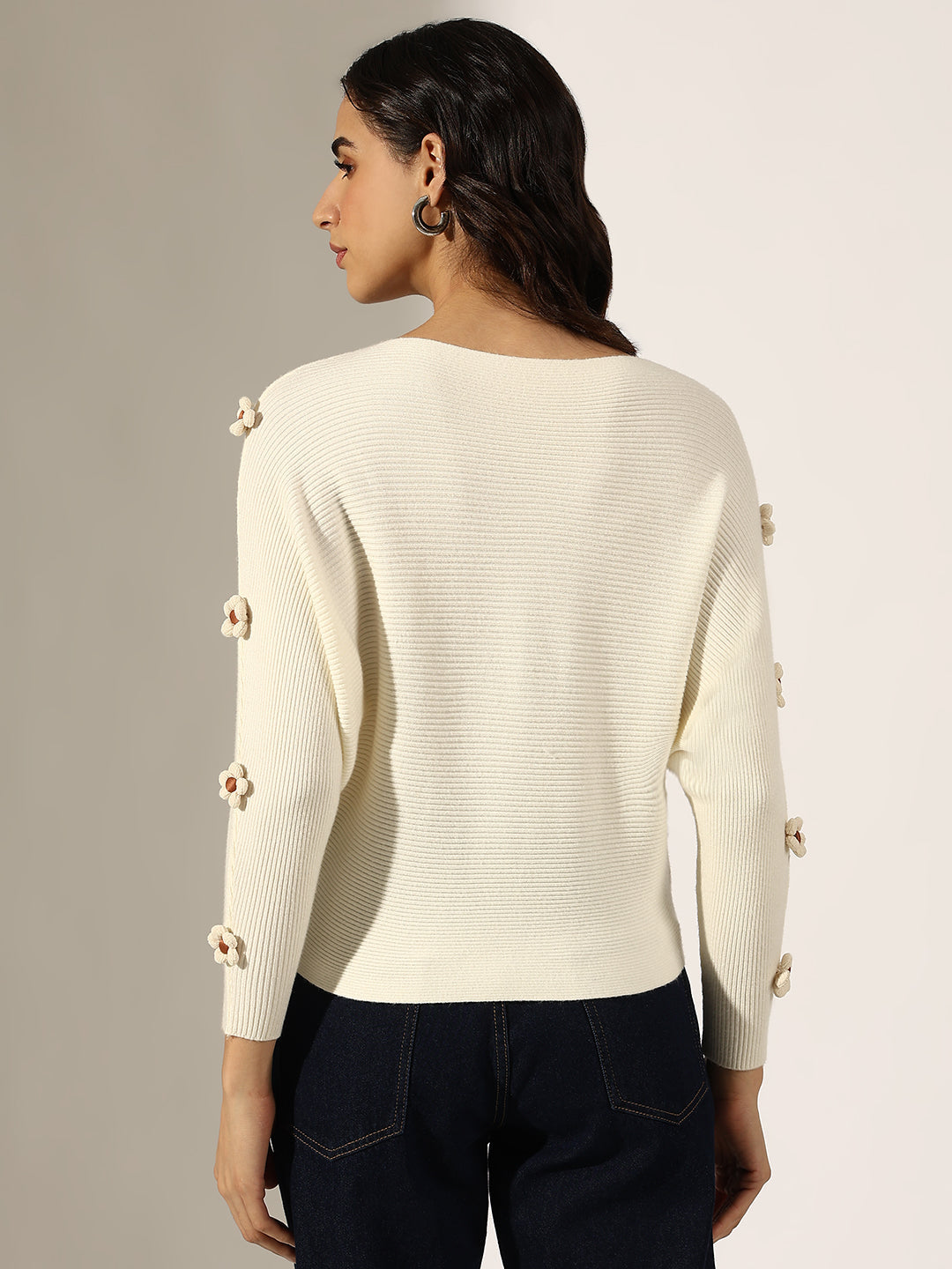Women's Ribbed Cream Flower Applique Knit Batwing Top