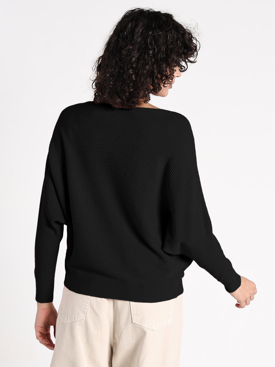 Women's Black Textured Knit Top with Flower Applique Detail
