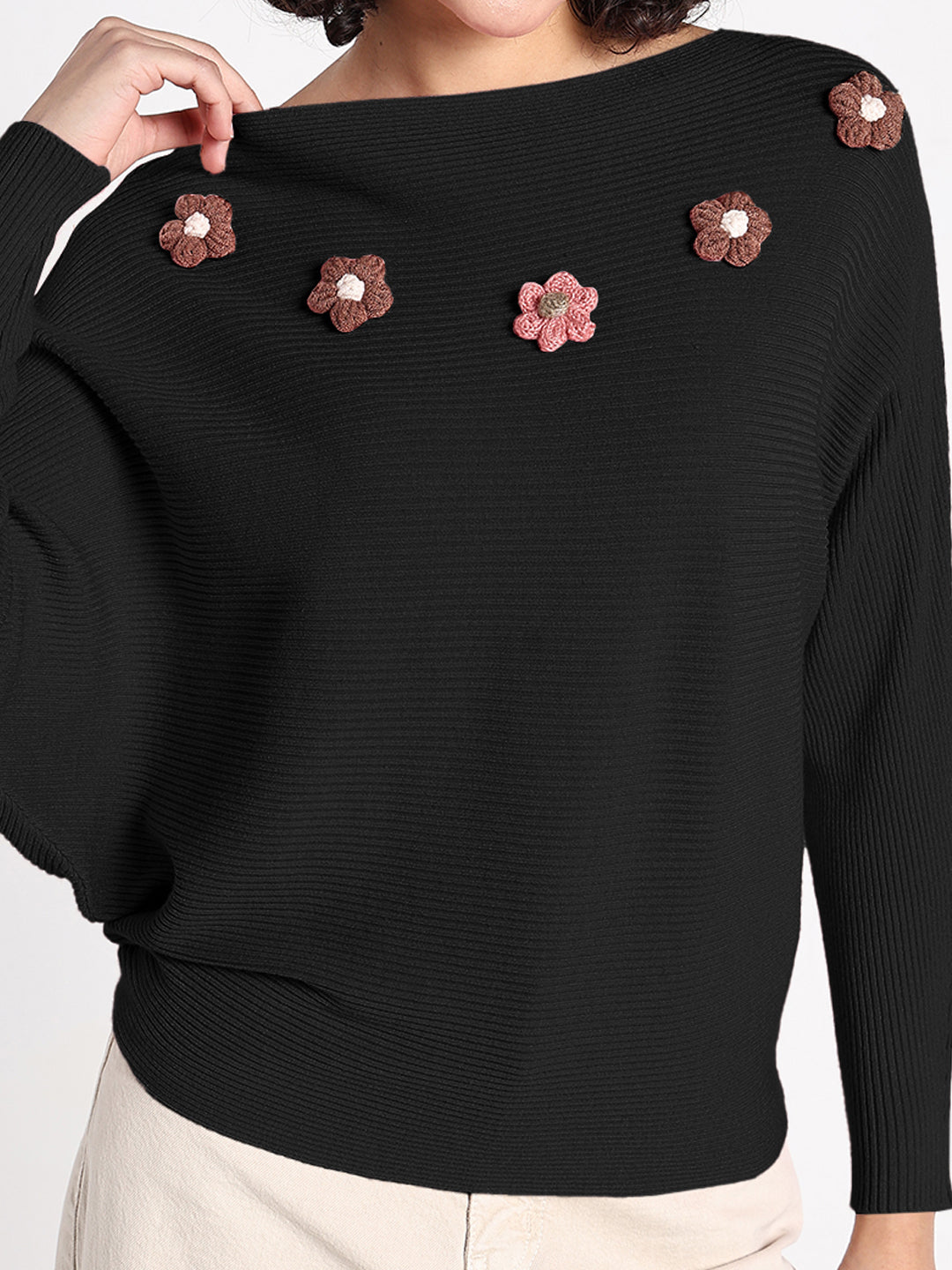 Women's Black Textured Knit Top with Flower Applique Detail