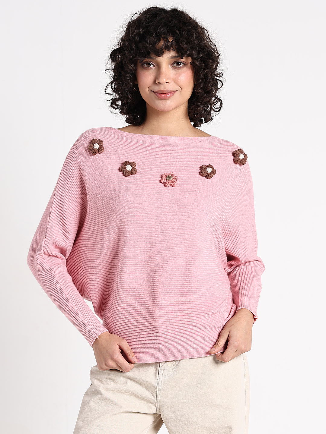 Women's Pink Textured Knit Top with Flower Applique Detail