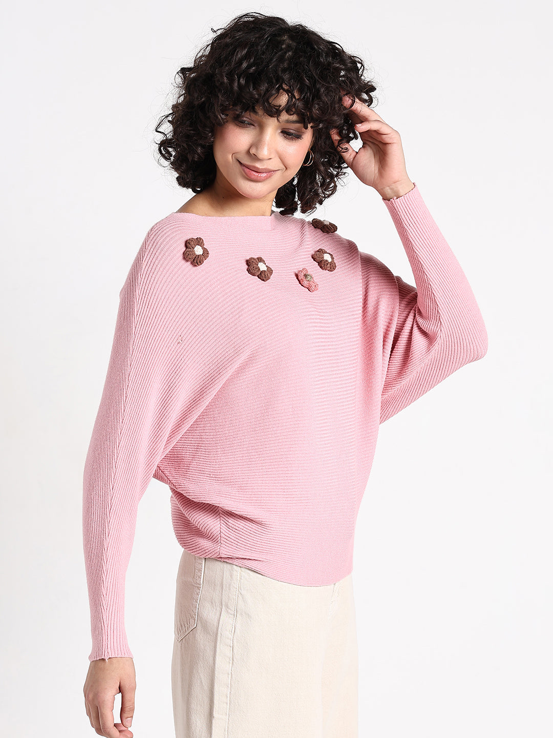 Women's Pink Textured Knit Top with Flower Applique Detail