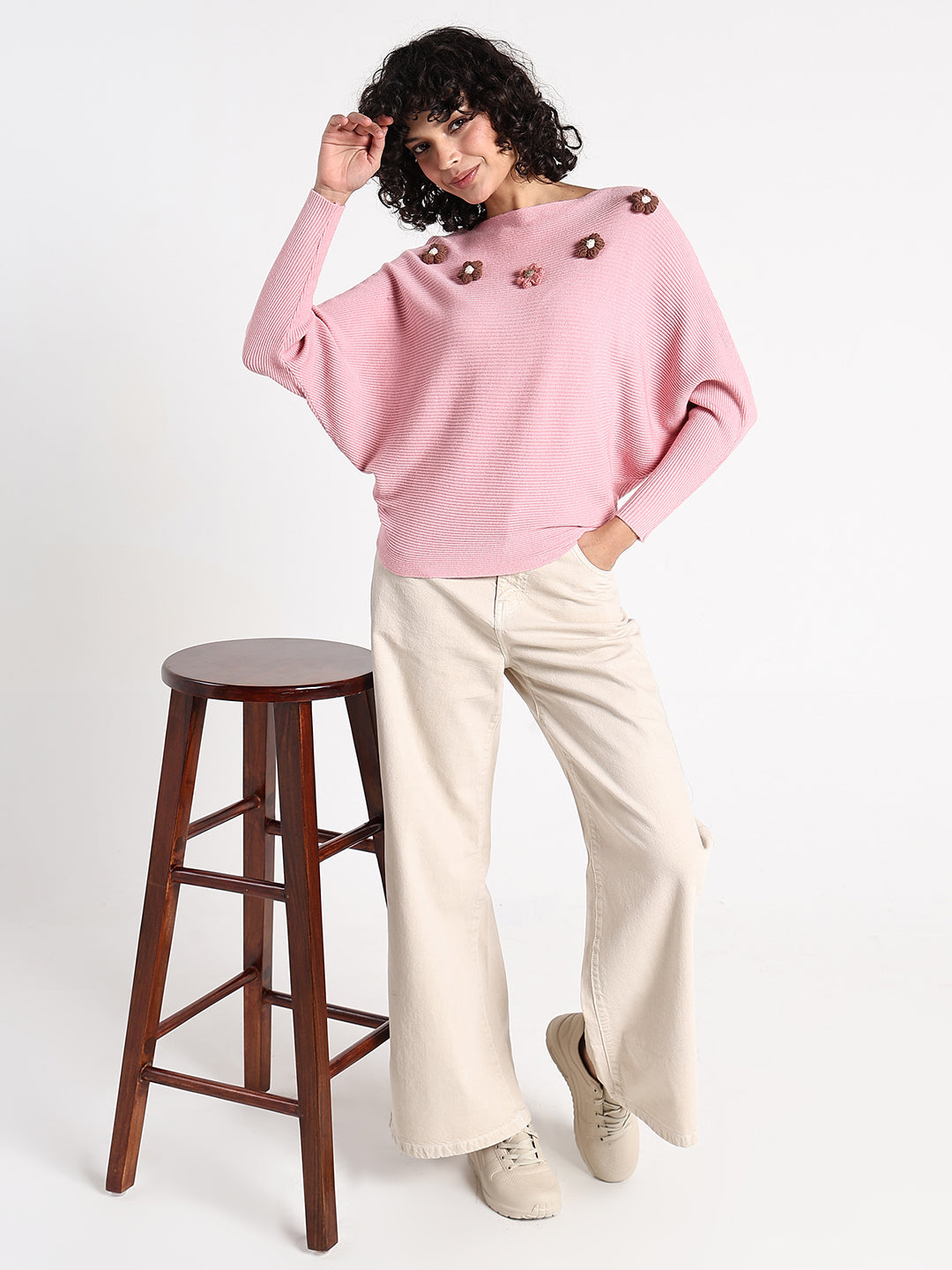 Women's Pink Textured Knit Top with Flower Applique Detail