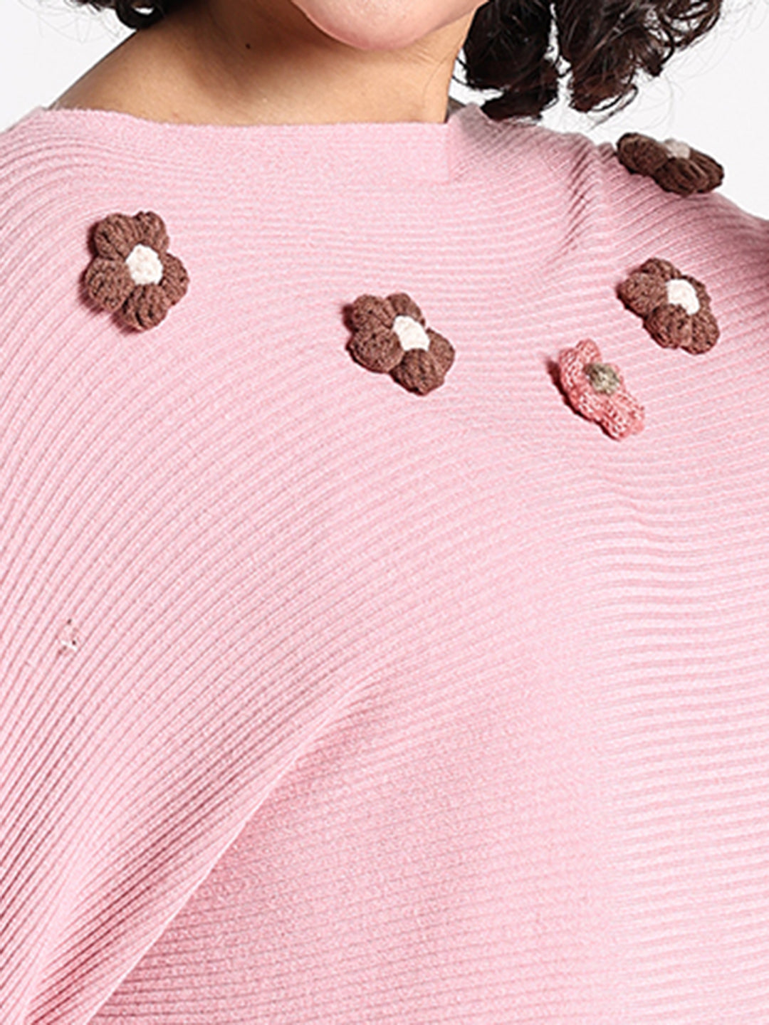 Women's Pink Textured Knit Top with Flower Applique Detail