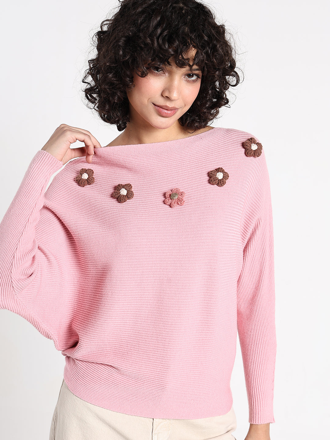 Women's Pink Textured Knit Top with Flower Applique Detail