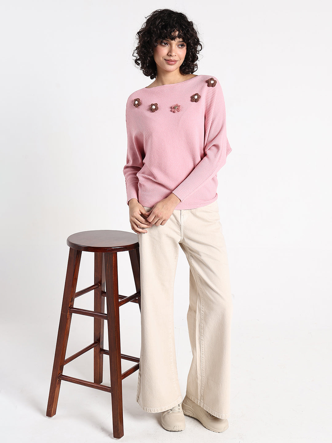 Women's Pink Textured Knit Top with Flower Applique Detail