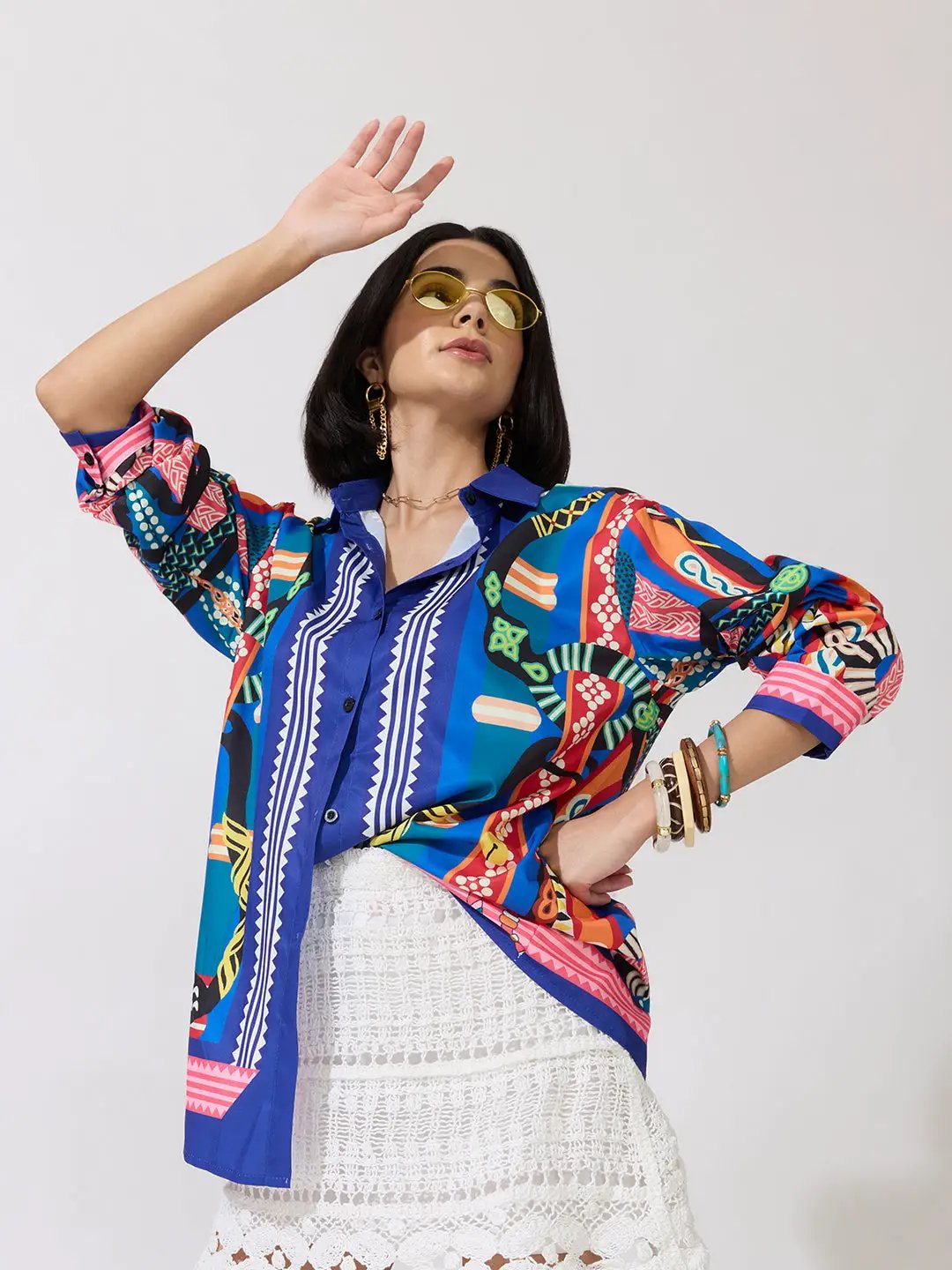 Women's Printed Blue Relaxed Fit Long Sleeve Shirt