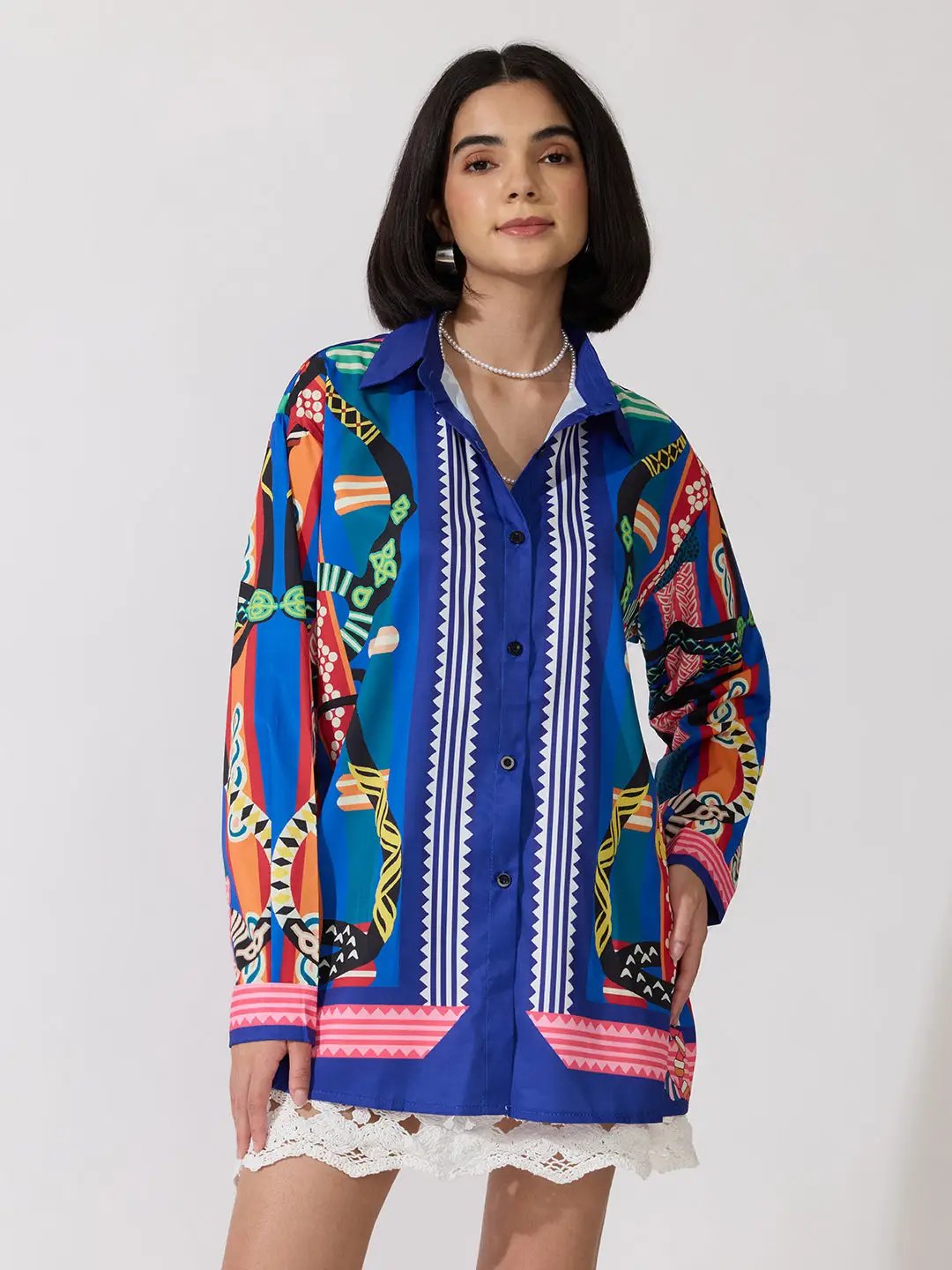 Women's Printed Blue Relaxed Fit Long Sleeve Shirt