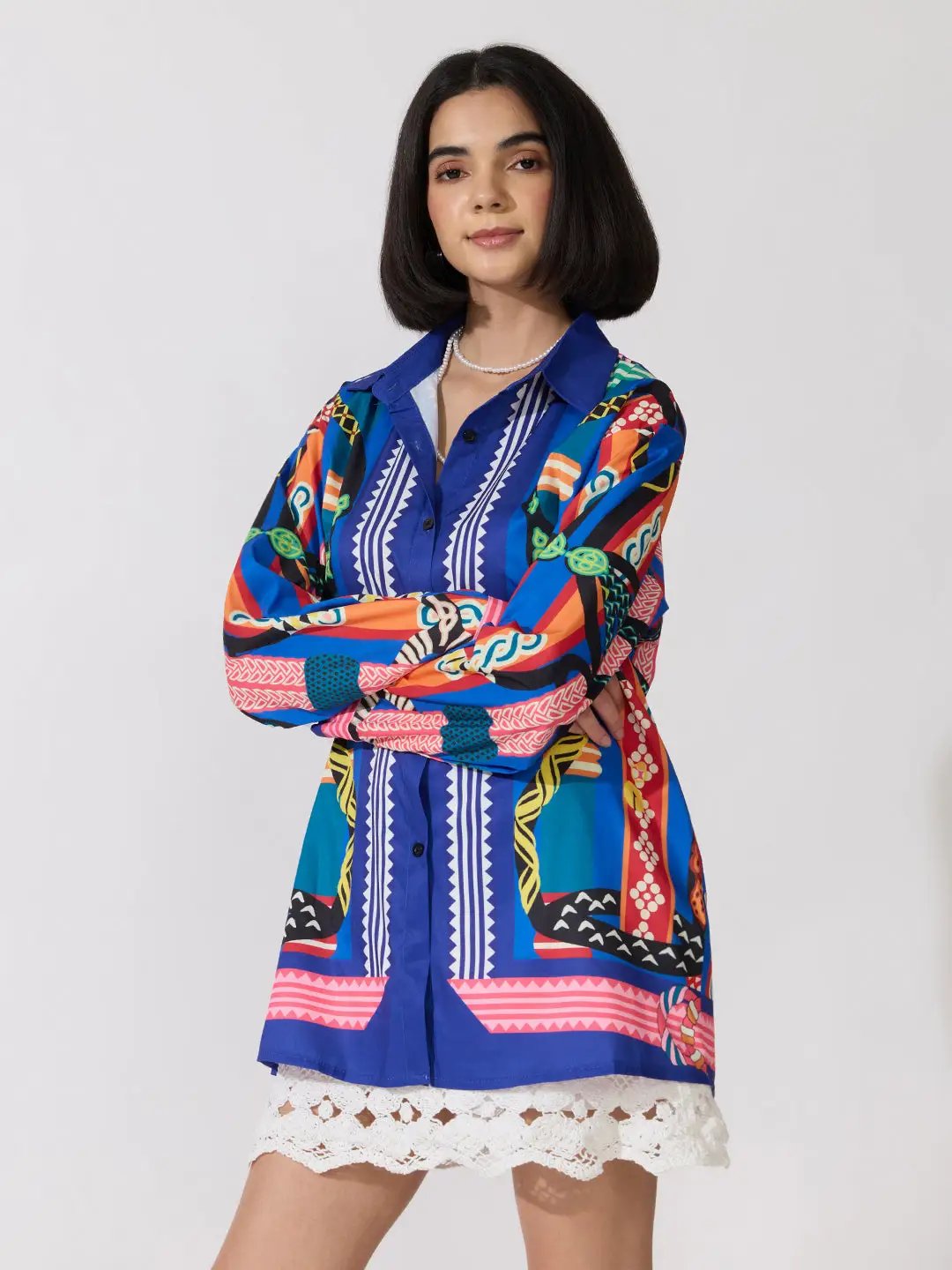 Women's Printed Blue Relaxed Fit Long Sleeve Shirt