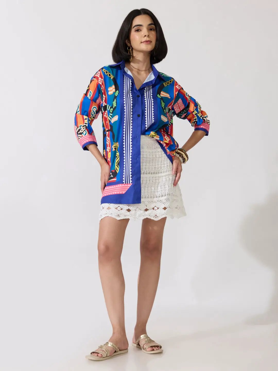 Women's Printed Blue Relaxed Fit Long Sleeve Shirt
